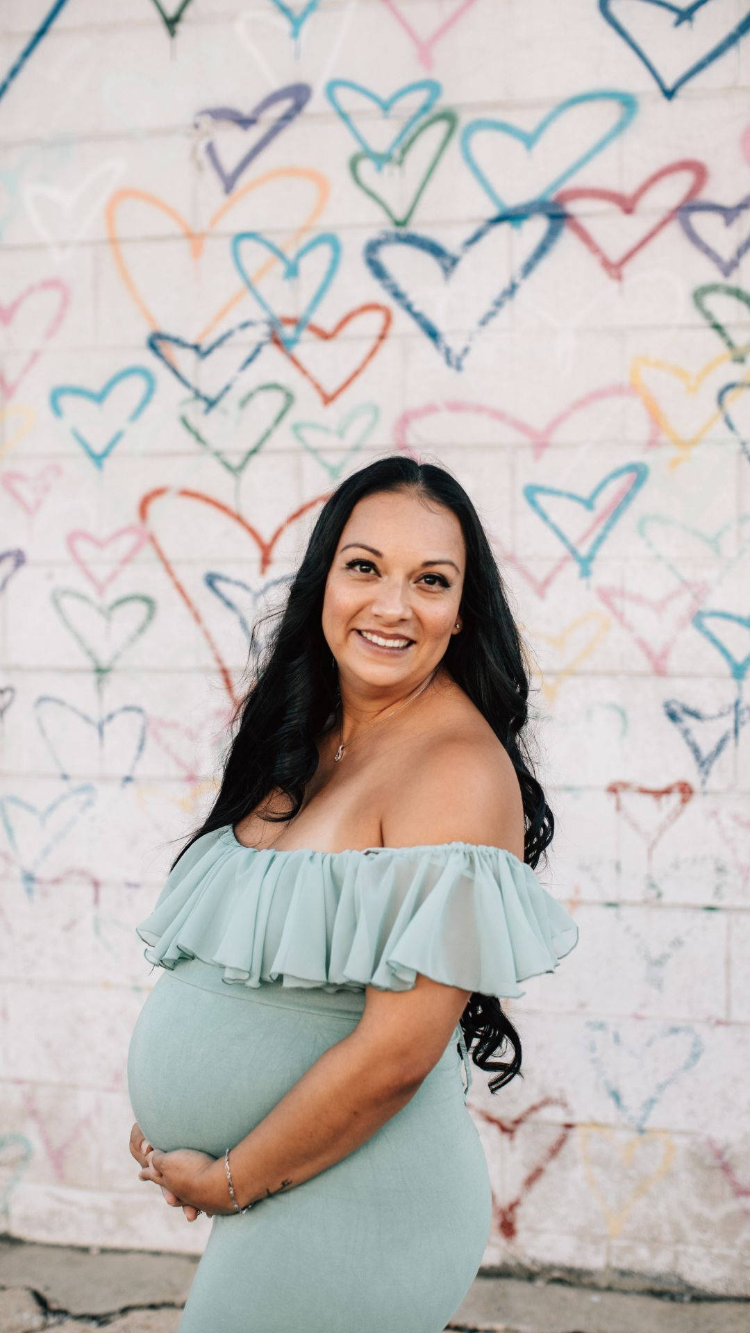 pregnancy, colorful chalk hearts, mint green off-shoulder dress, Full HD Phone Wallpaper