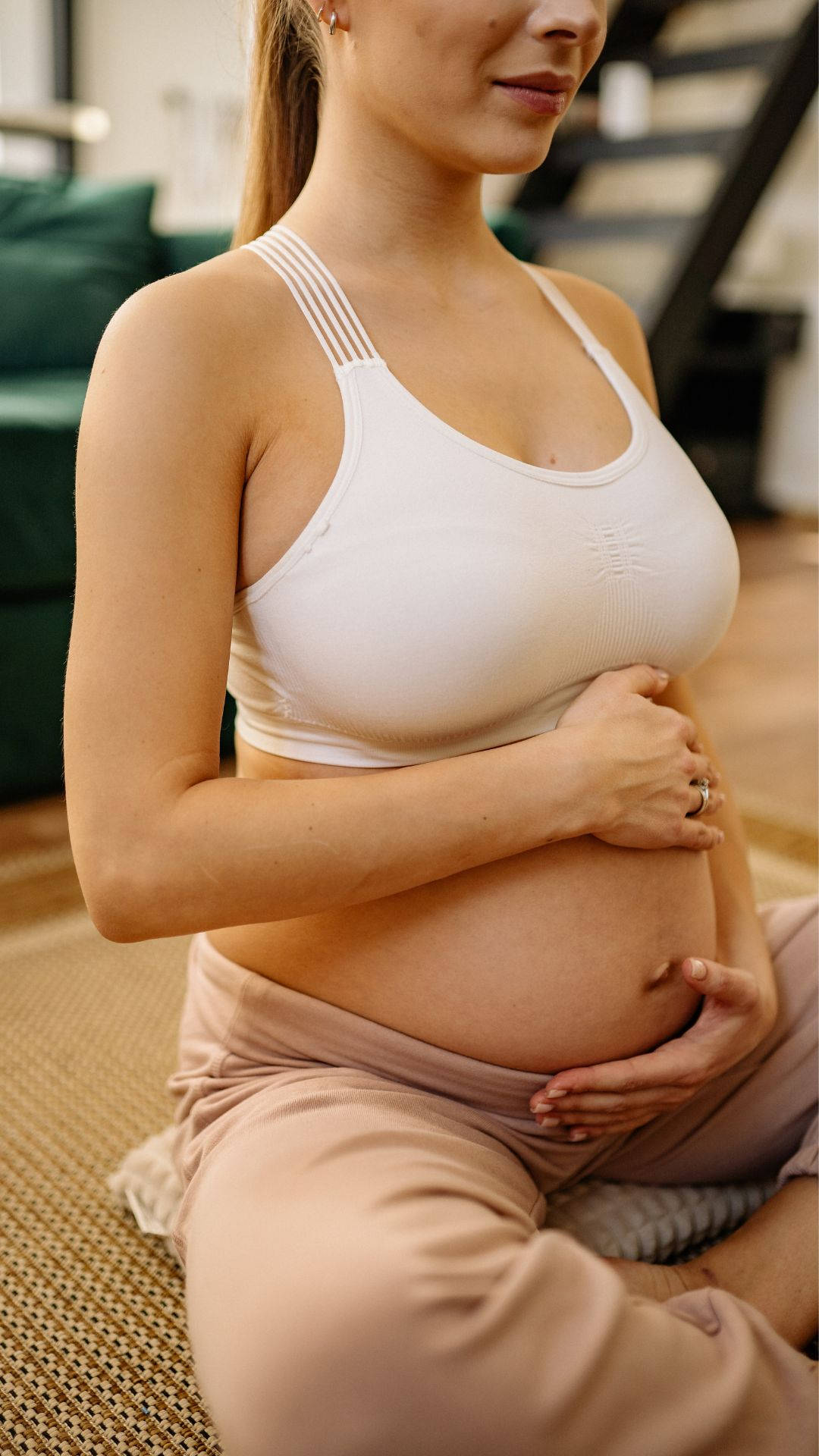 pregnant woman, white top, beige pants, Full HD Phone Wallpaper