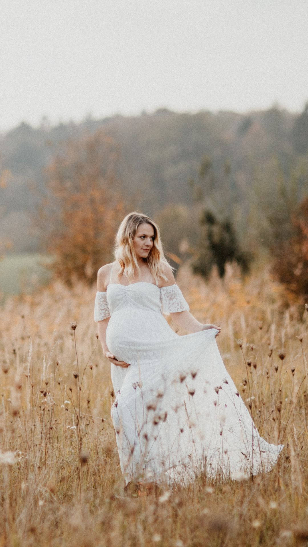pregnancy, golden autumn field, flowing white dress, Full HD Phone Wallpaper