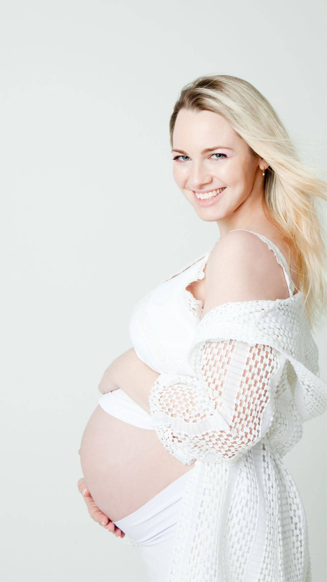 pregnancy woman, white lace attire, smiling, Full HD Phone Wallpaper