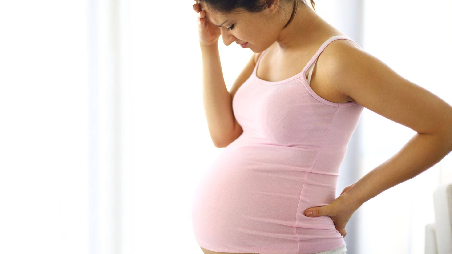 pink tank top, bright white background, pregnant woman, Full HD Desktop Wallpaper