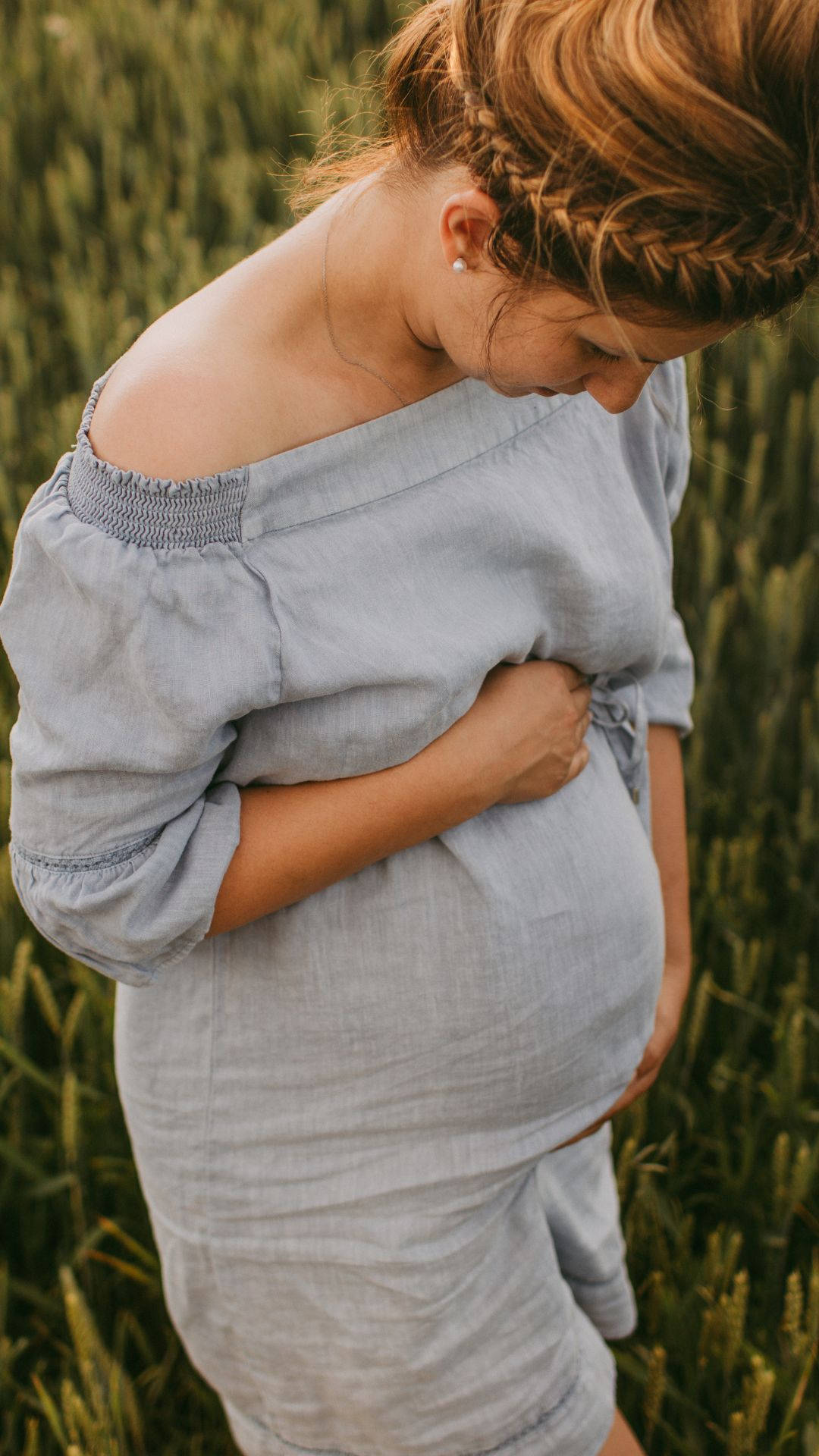 pregnancy, grassy field, light blue off-shoulder dress, Full HD Phone Wallpaper