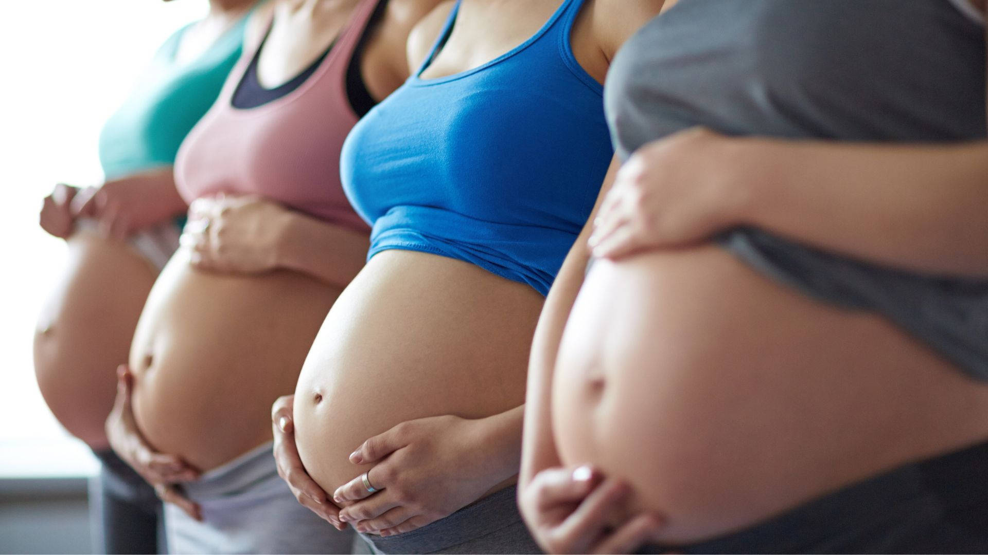 pregnancy, four women, colorful sports bras, Full HD Desktop Wallpaper