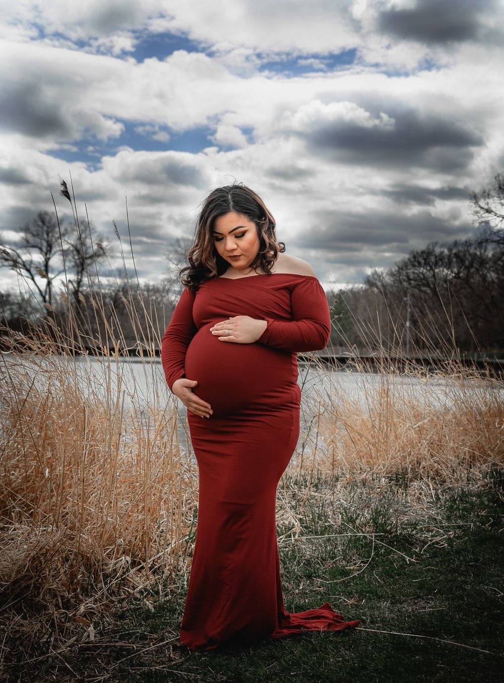 pregnant belly, red dress, lake, HD Phone Wallpaper