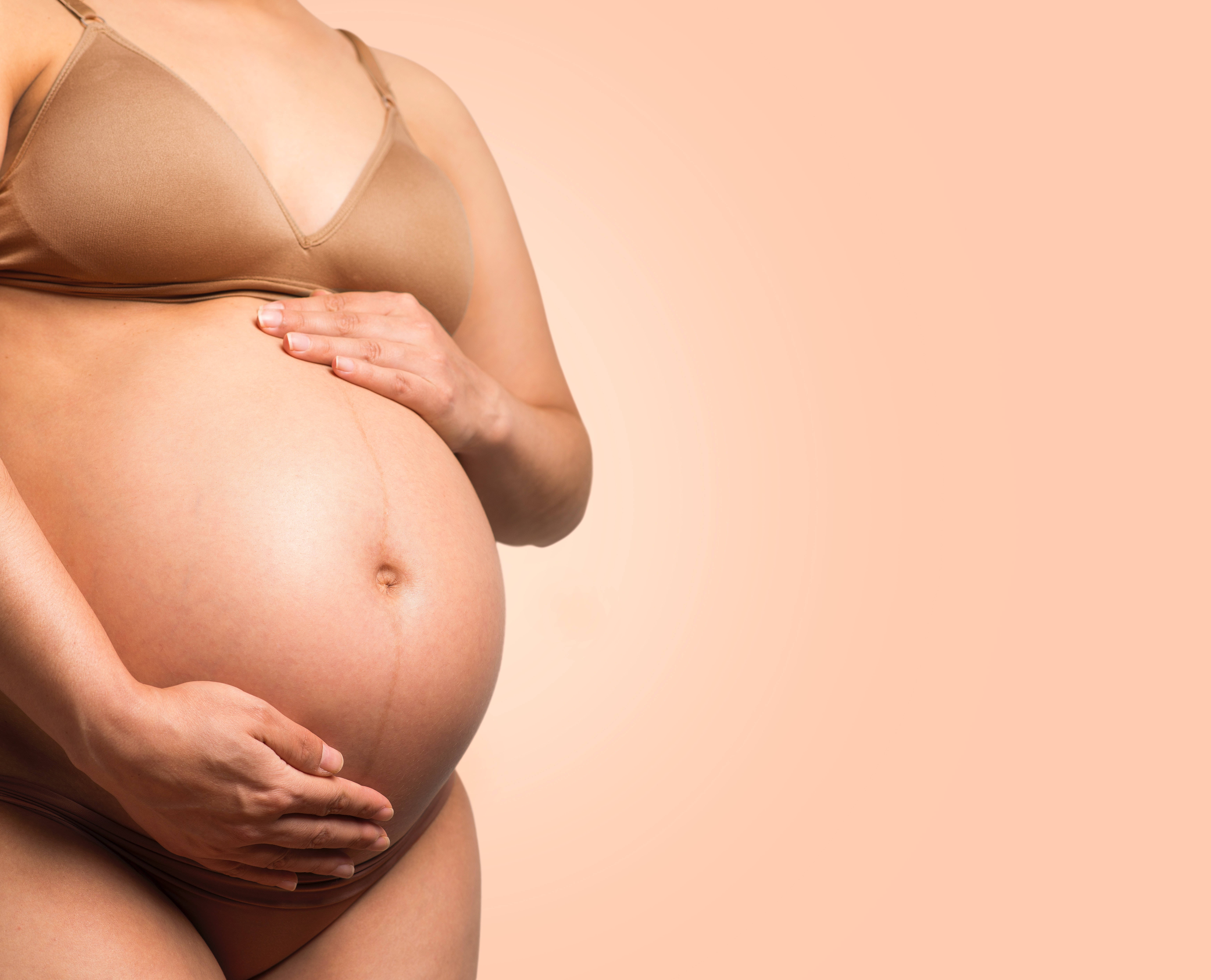 pregnant woman, beige lingerie, rounded belly, 5K Desktop Wallpaper