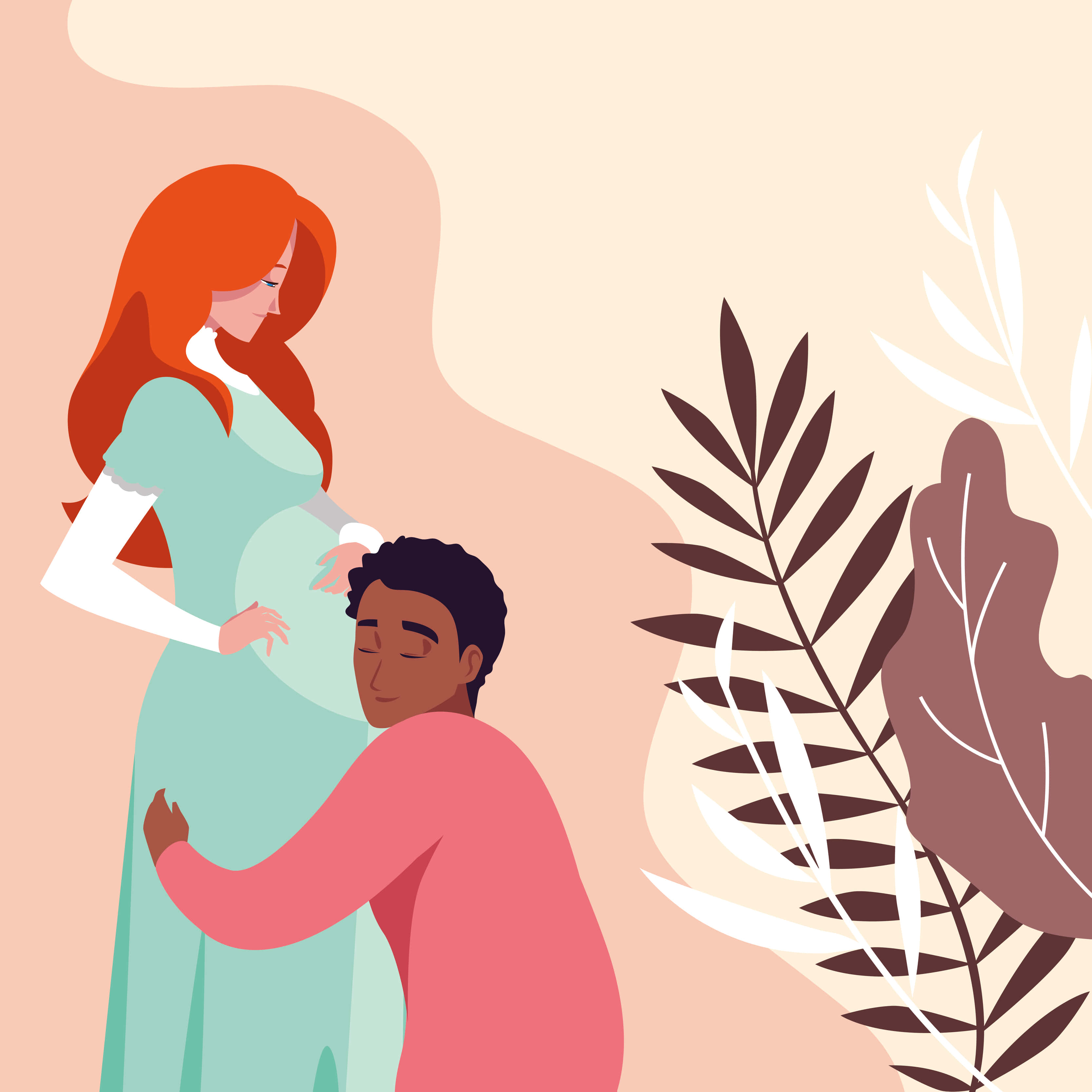 Pregnant Couple, baby bump, stylized foliage, 2K Desktop Wallpaper