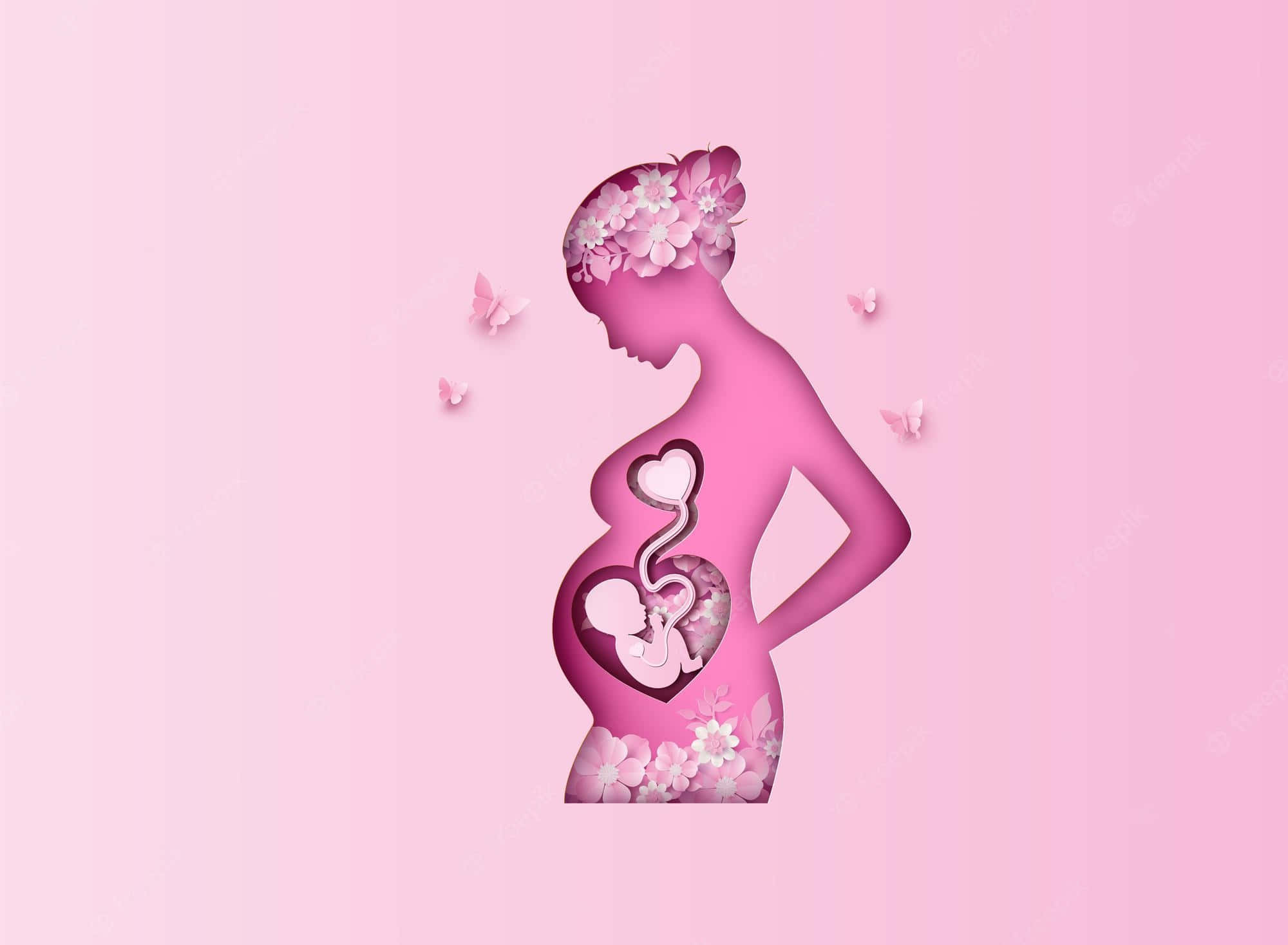 pregnant woman, heart-shaped fetus, pink paper-cut silhouette, Full HD Desktop Wallpaper