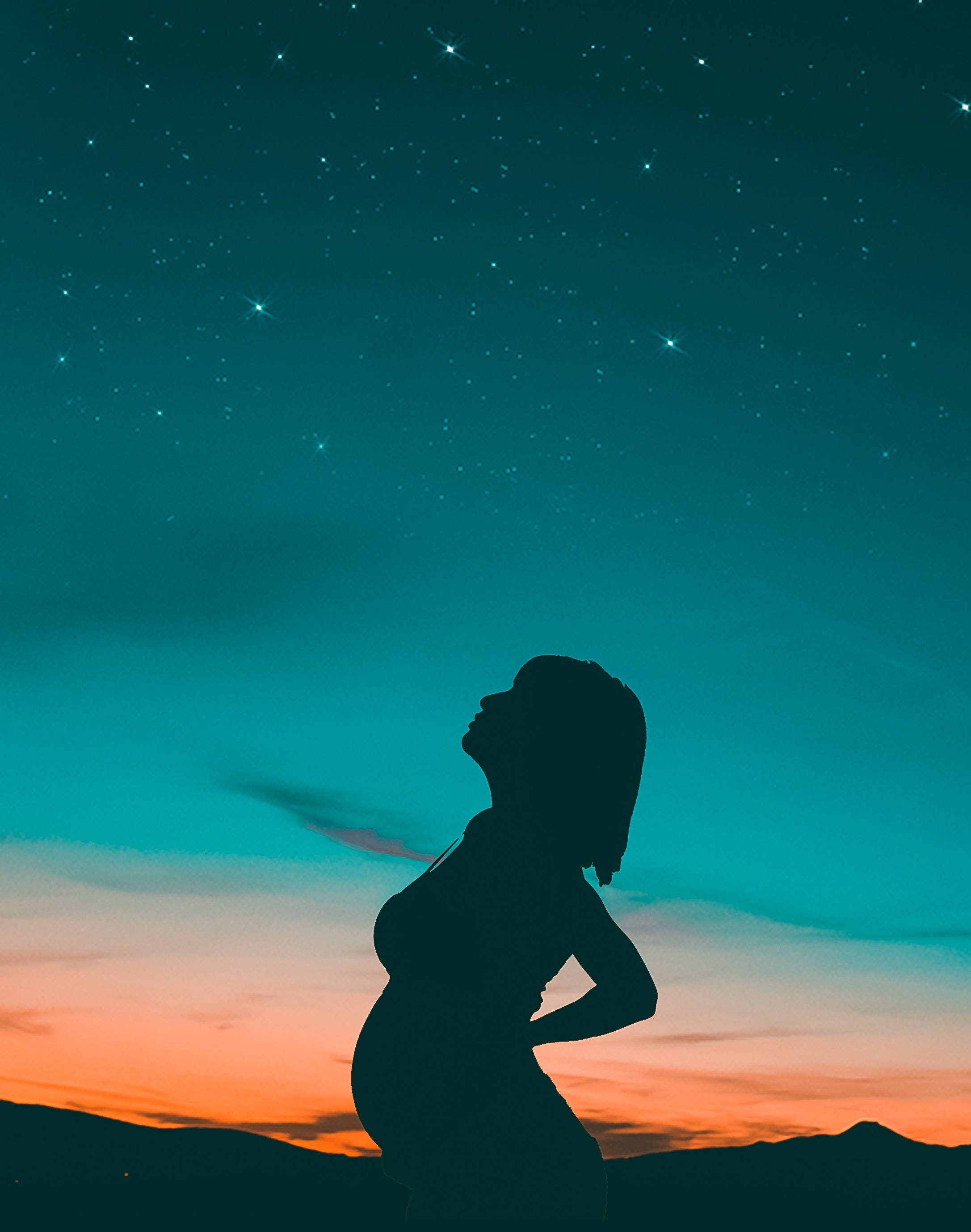 silhouette, pregnant woman, starry twilight sky, 2K Phone Wallpaper