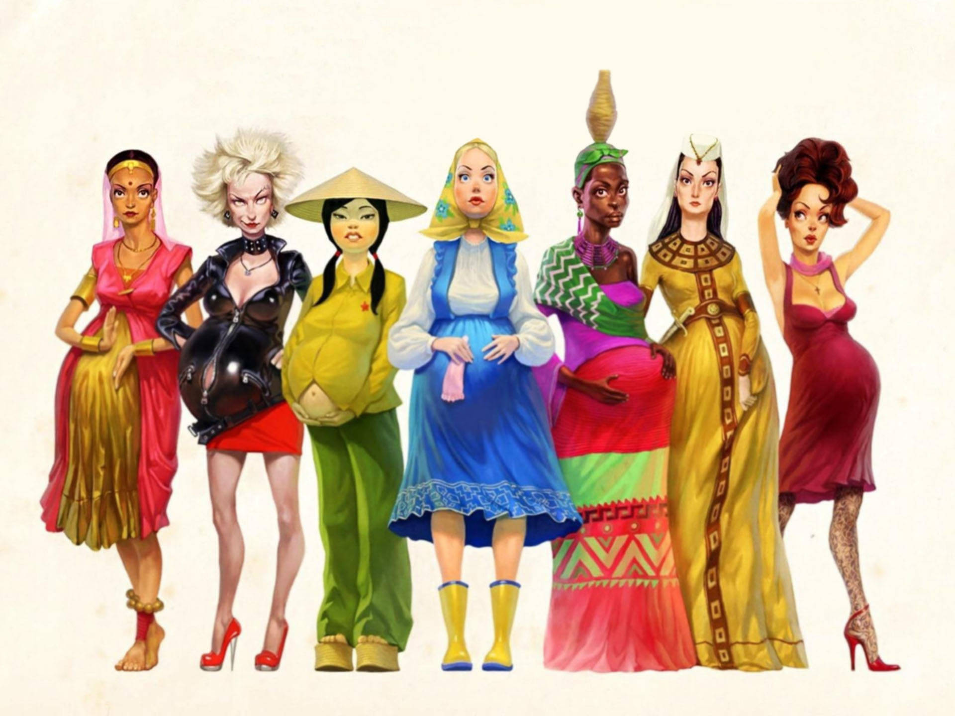 Pregnant Women Around The World, stylized pregnant women, vibrant culturally diverse outfits, Full HD Desktop Wallpaper
