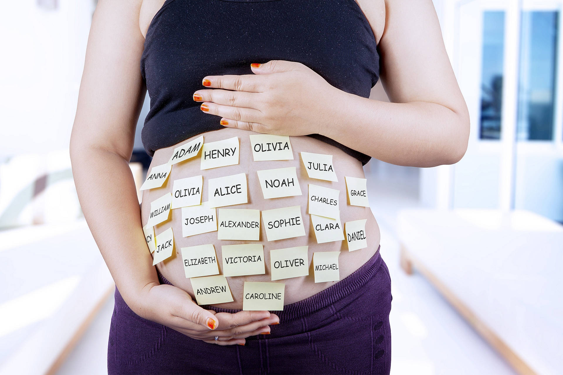 pregnant tummy, baby names, yellow sticky notes, Full HD Desktop Wallpaper