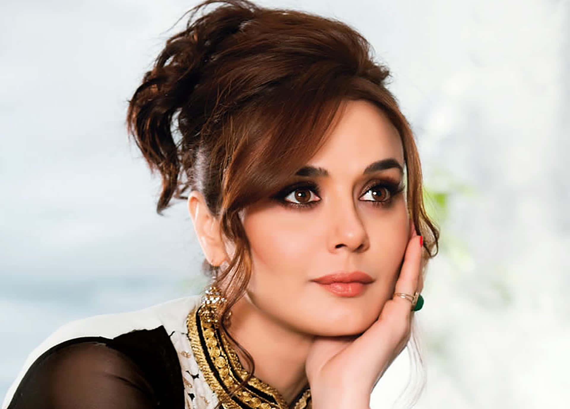 Preity Zinta, brown hair, styled up, Full HD Desktop Wallpaper