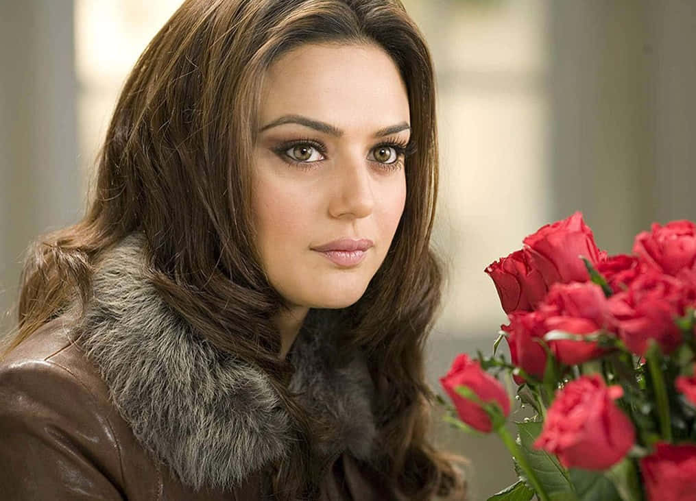 Preity Zinta, brown leather coat, fur collar, SD Desktop Wallpaper