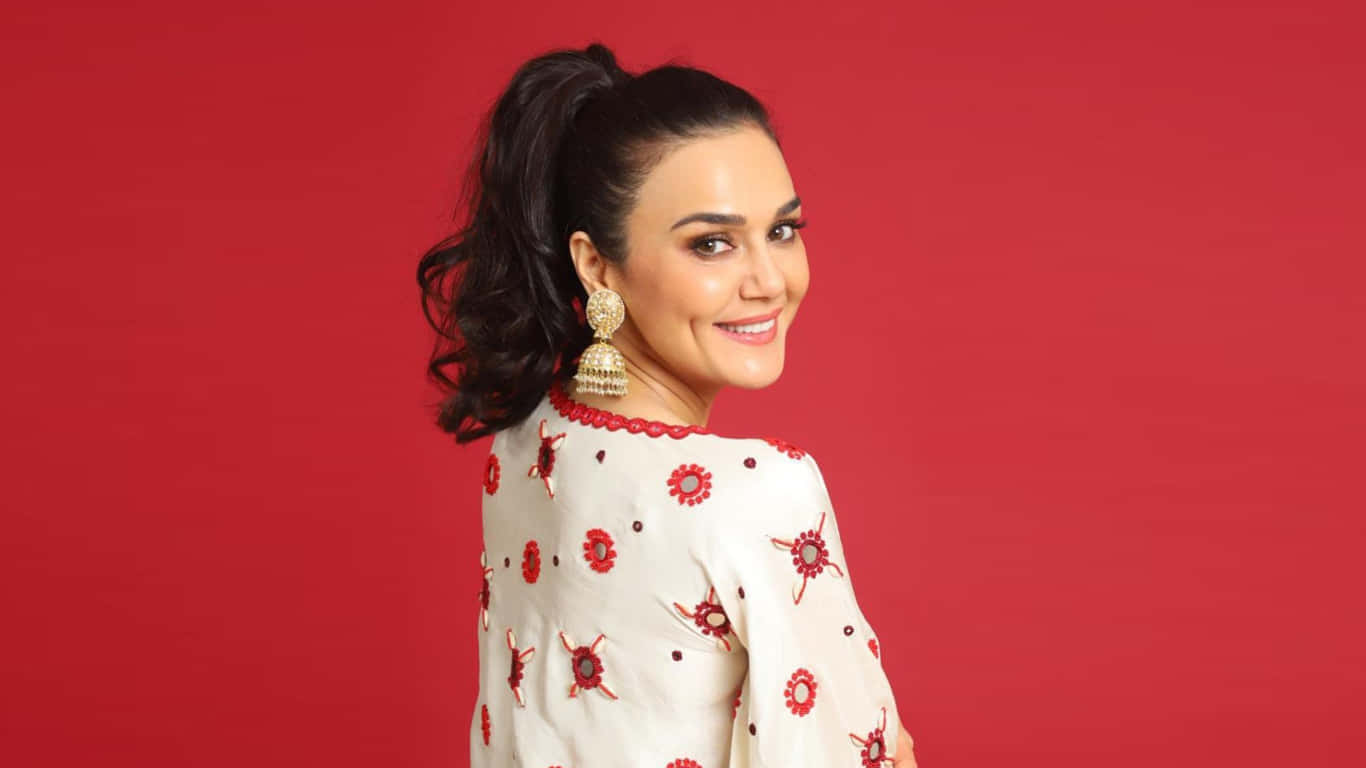 Preity Zinta, red background, dark hair, HD Desktop Wallpaper