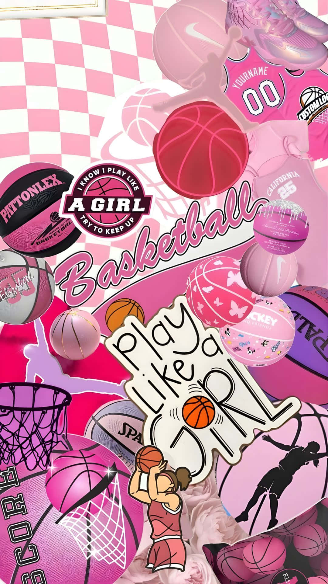 Preppy Basketball, pink and white checkered, basketballs, Full HD Phone Wallpaper