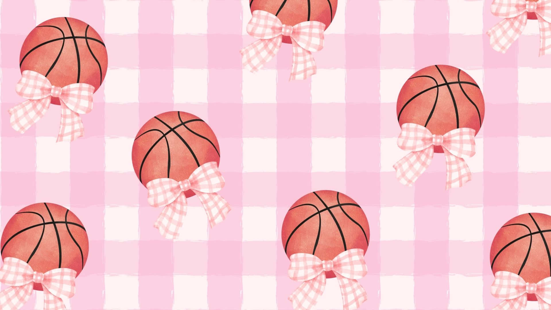 Preppy Basketball Pattern, pink and white gingham background, watercolor basketballs, Full HD Desktop Wallpaper