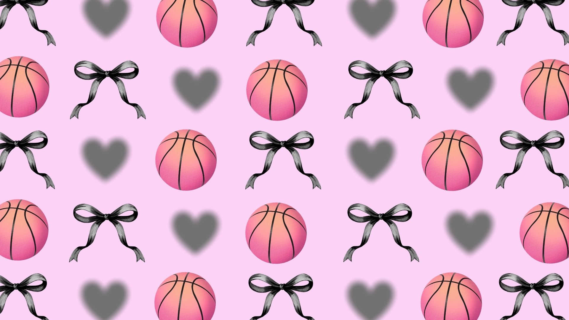 preppy basketball pattern, pink gradient basketballs, black bows, Full HD Desktop Wallpaper