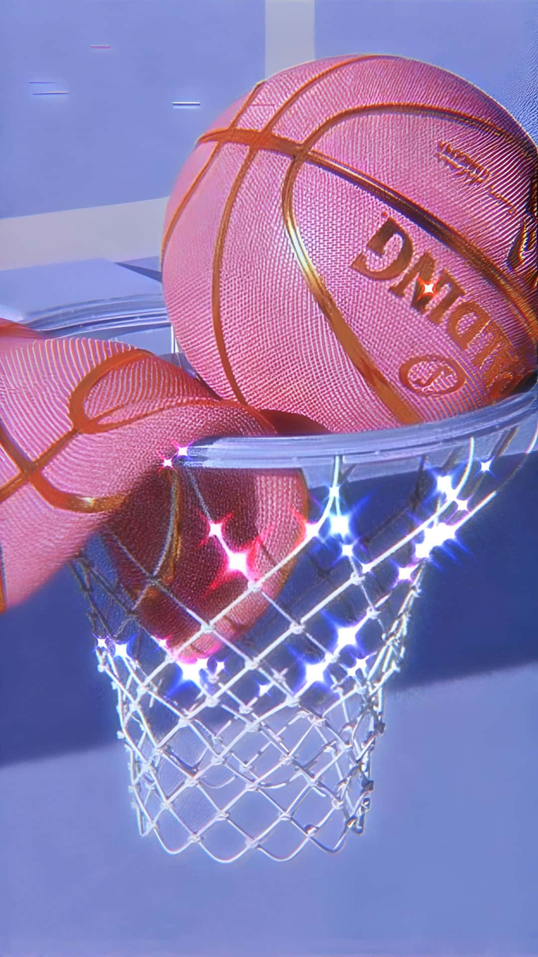 pink basketball, gold lines, glowing net, Full HD Phone Wallpaper
