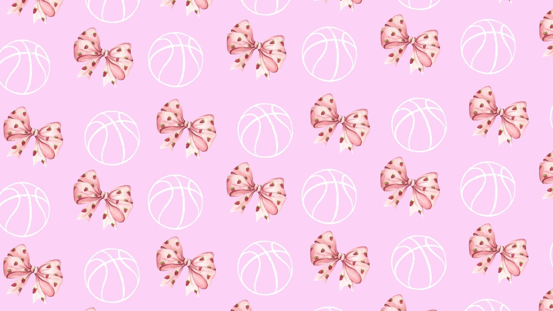 Preppy Basketball, pink watercolor bows, white outlined basketballs, Full HD Desktop Wallpaper
