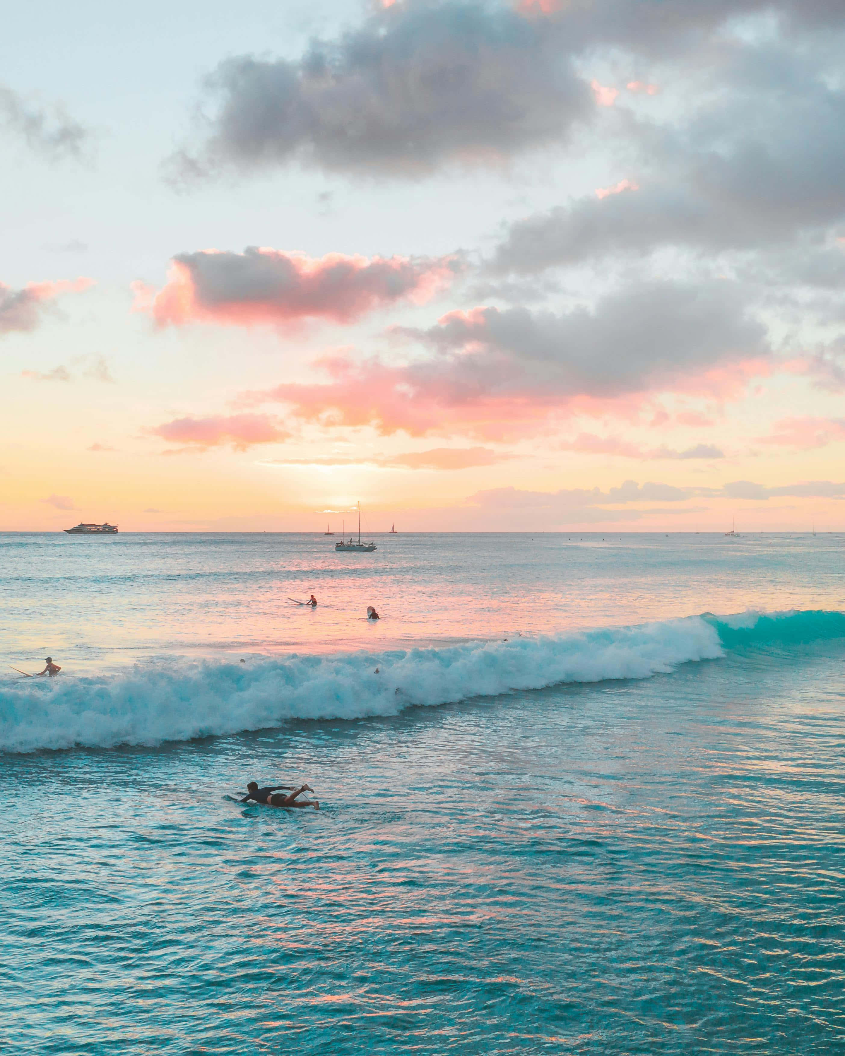 pastel sunset, turquoise waves, scattered clouds, 2K Phone Wallpaper