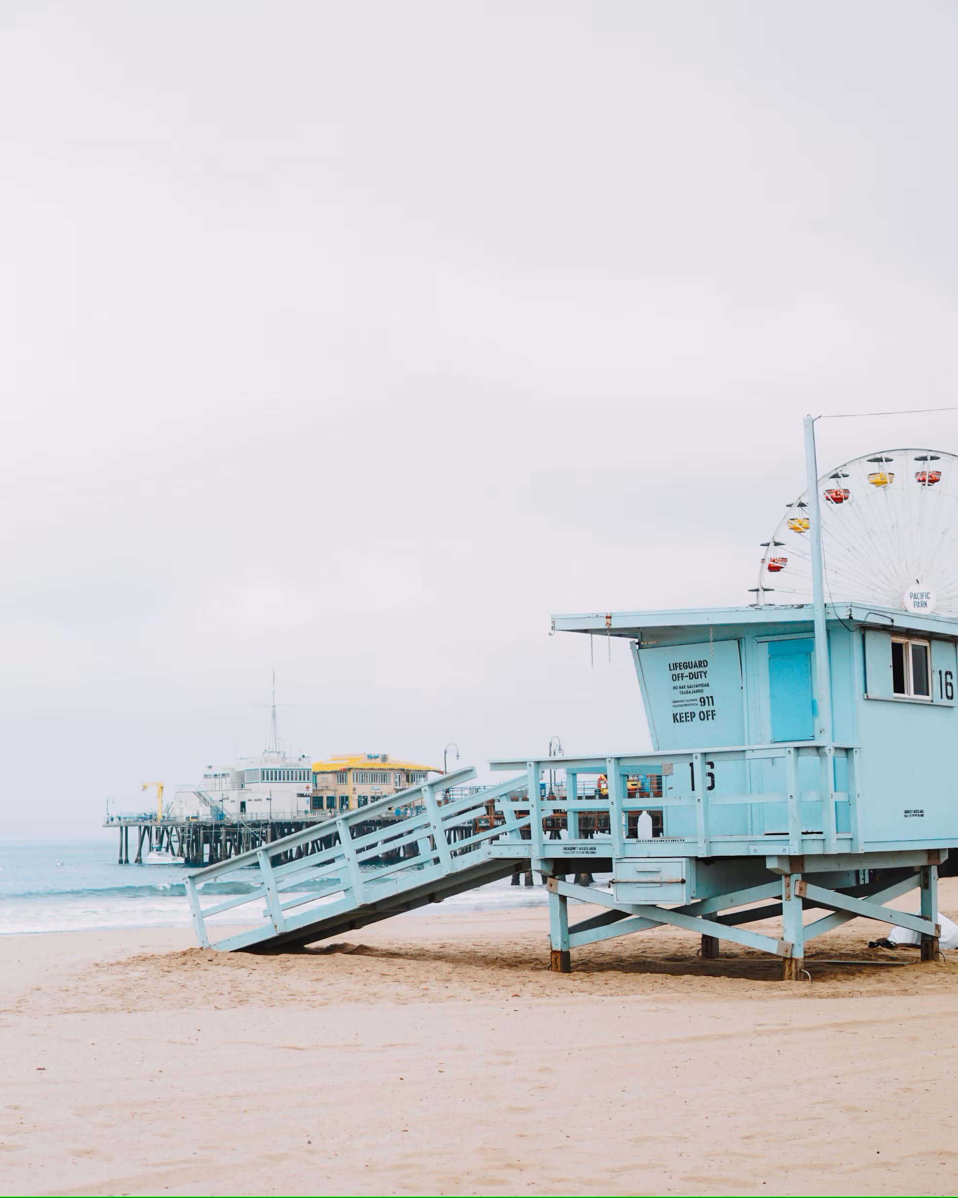 Preppy Beach, lifeguard tower, pier, Full HD Phone Wallpaper