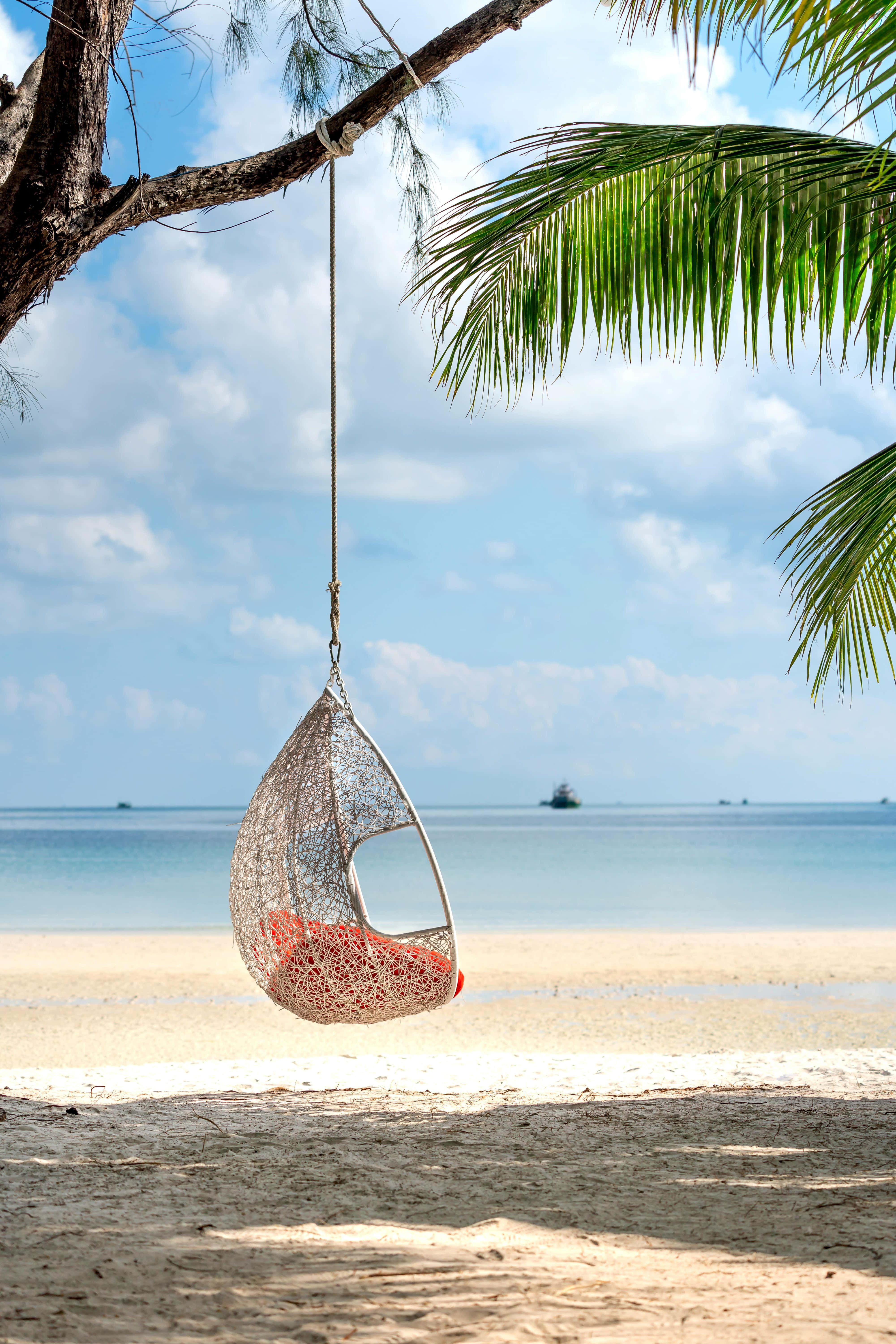 Tropical Beach Hammock Swing, palm tree, turquoise water, 5K Phone Wallpaper