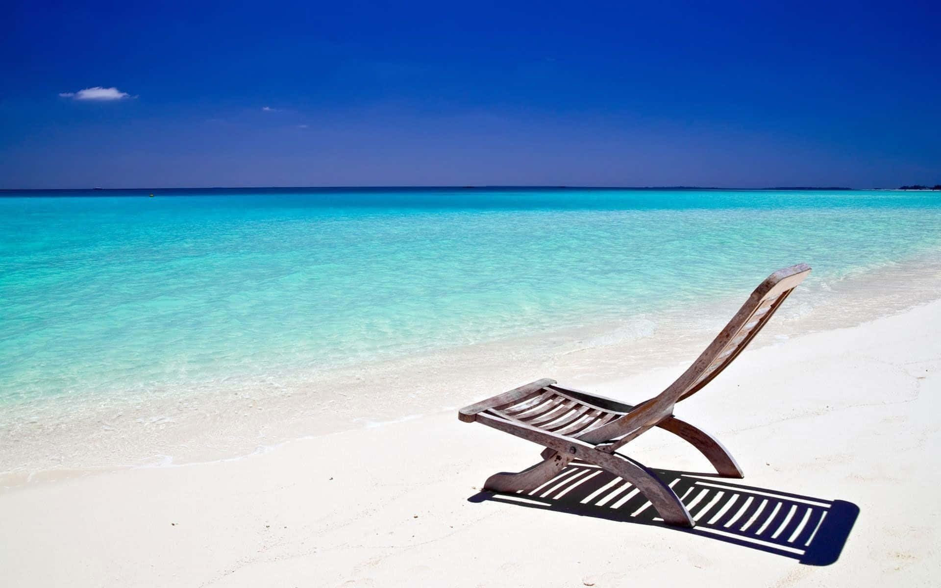 Serene Beach Solitude, wooden lounge chair, pristine white sand, Full HD Desktop Wallpaper
