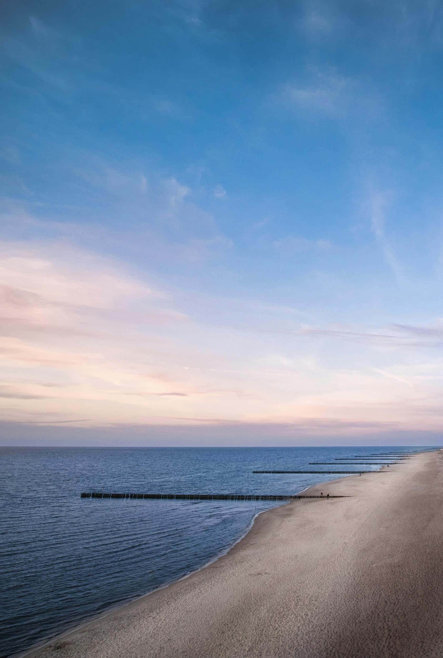 serene beach, sunset, pink and blue skies, Full HD Phone Wallpaper