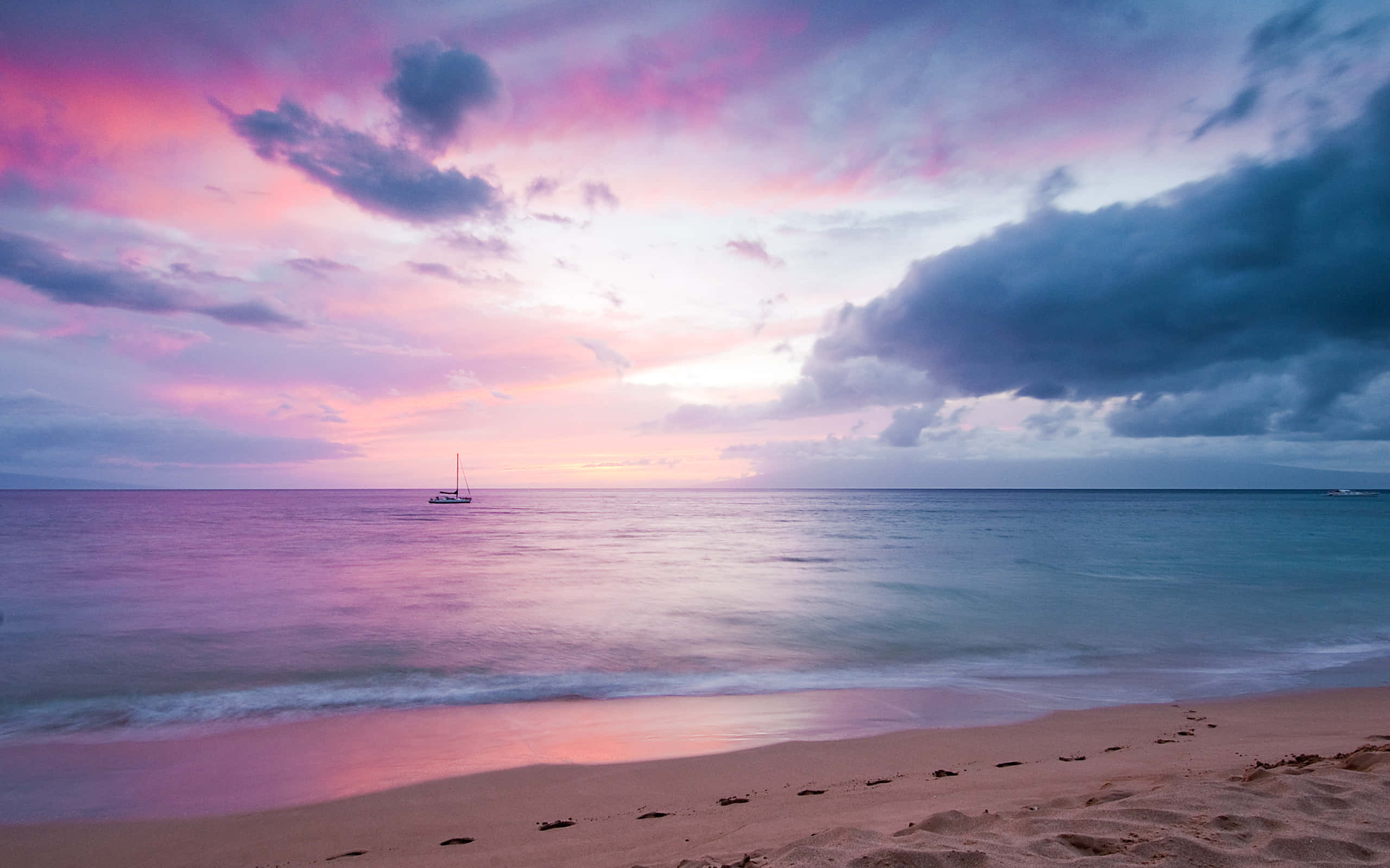 Pastel Beach, pink and purple sunset sky, sailboat, 2K Desktop Wallpaper