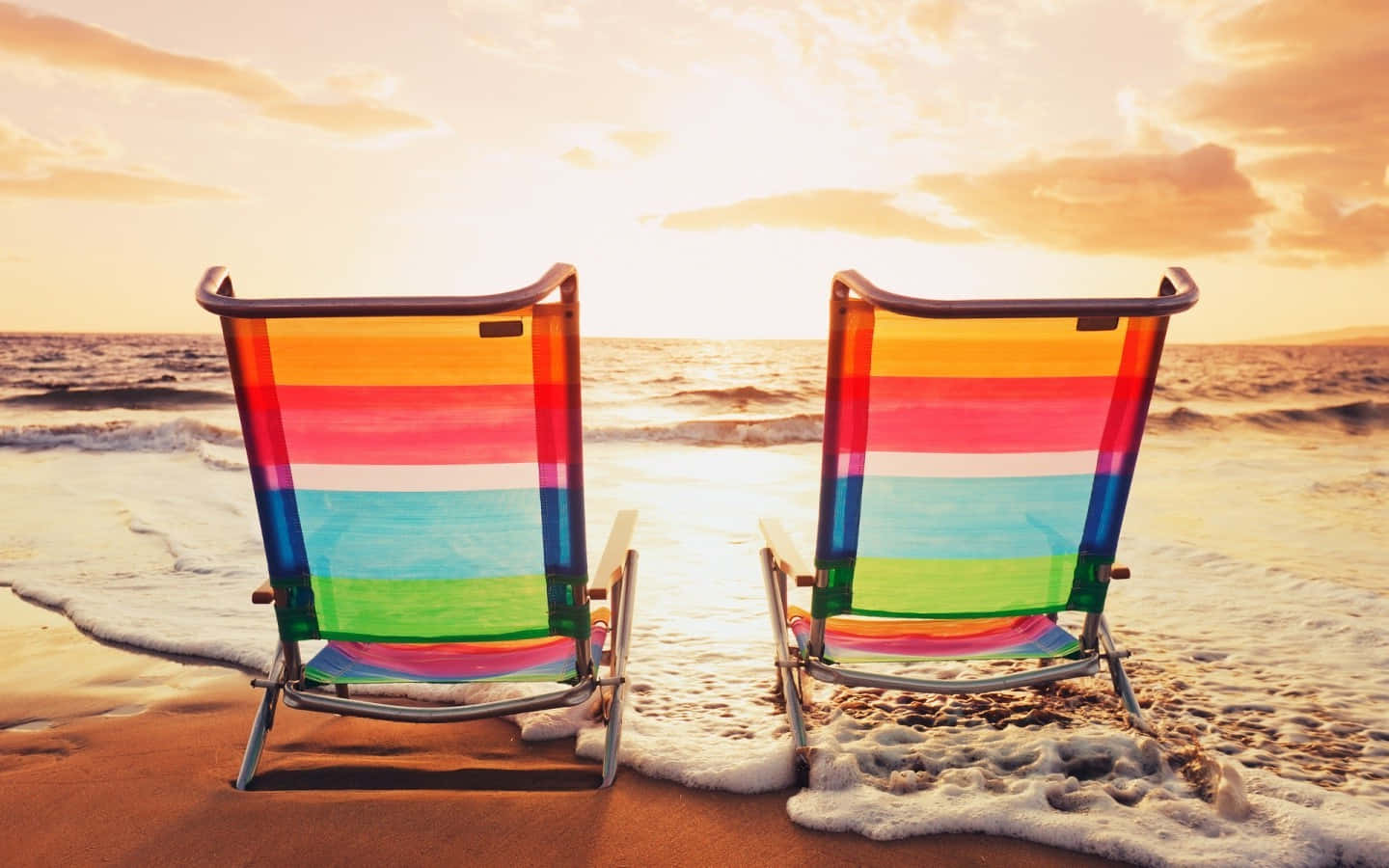 beach sunbed, rainbow-striped beach chairs, golden sunset, HD Desktop Wallpaper