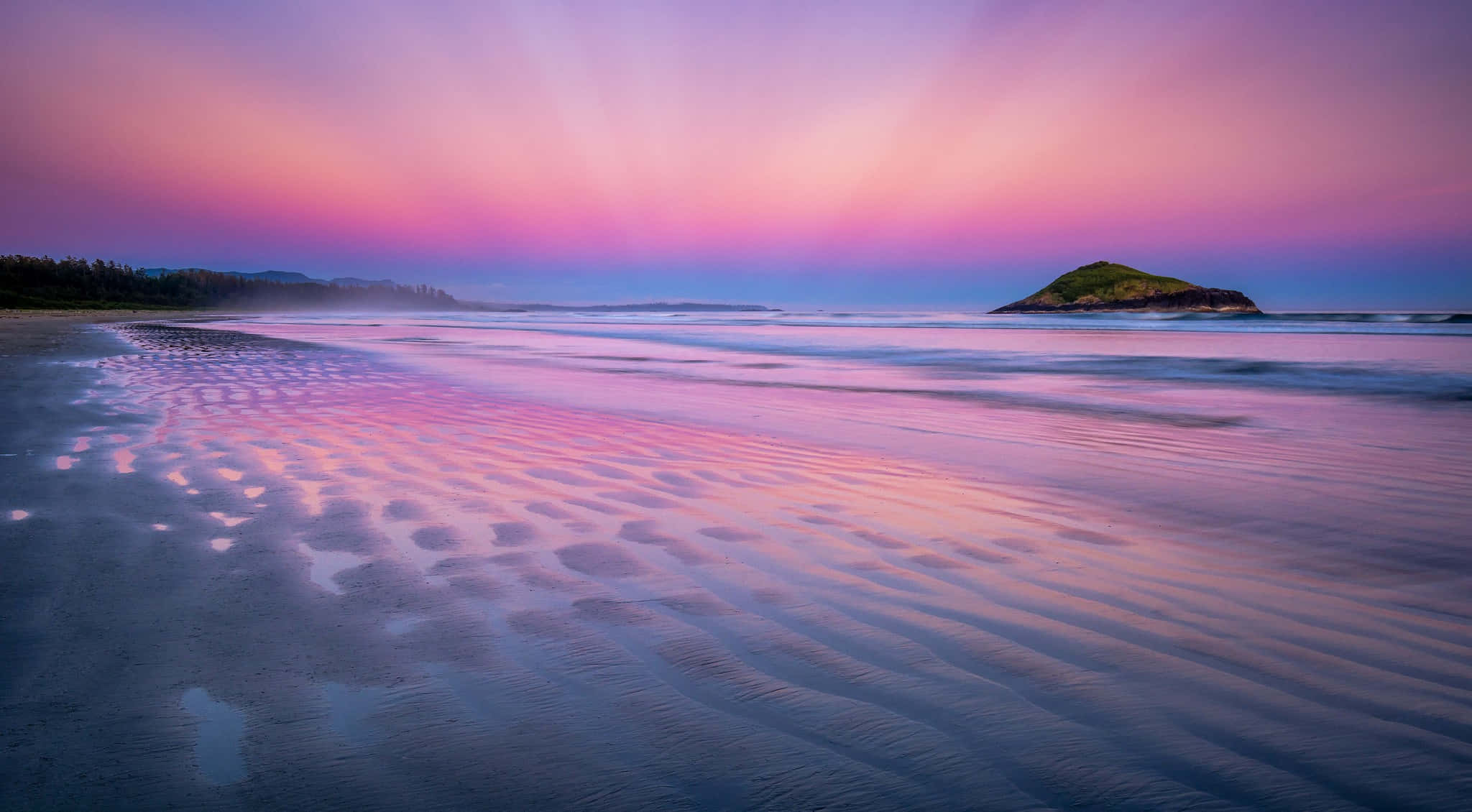pink sand beach, twilight, pink purple sky, Full HD Desktop Wallpaper