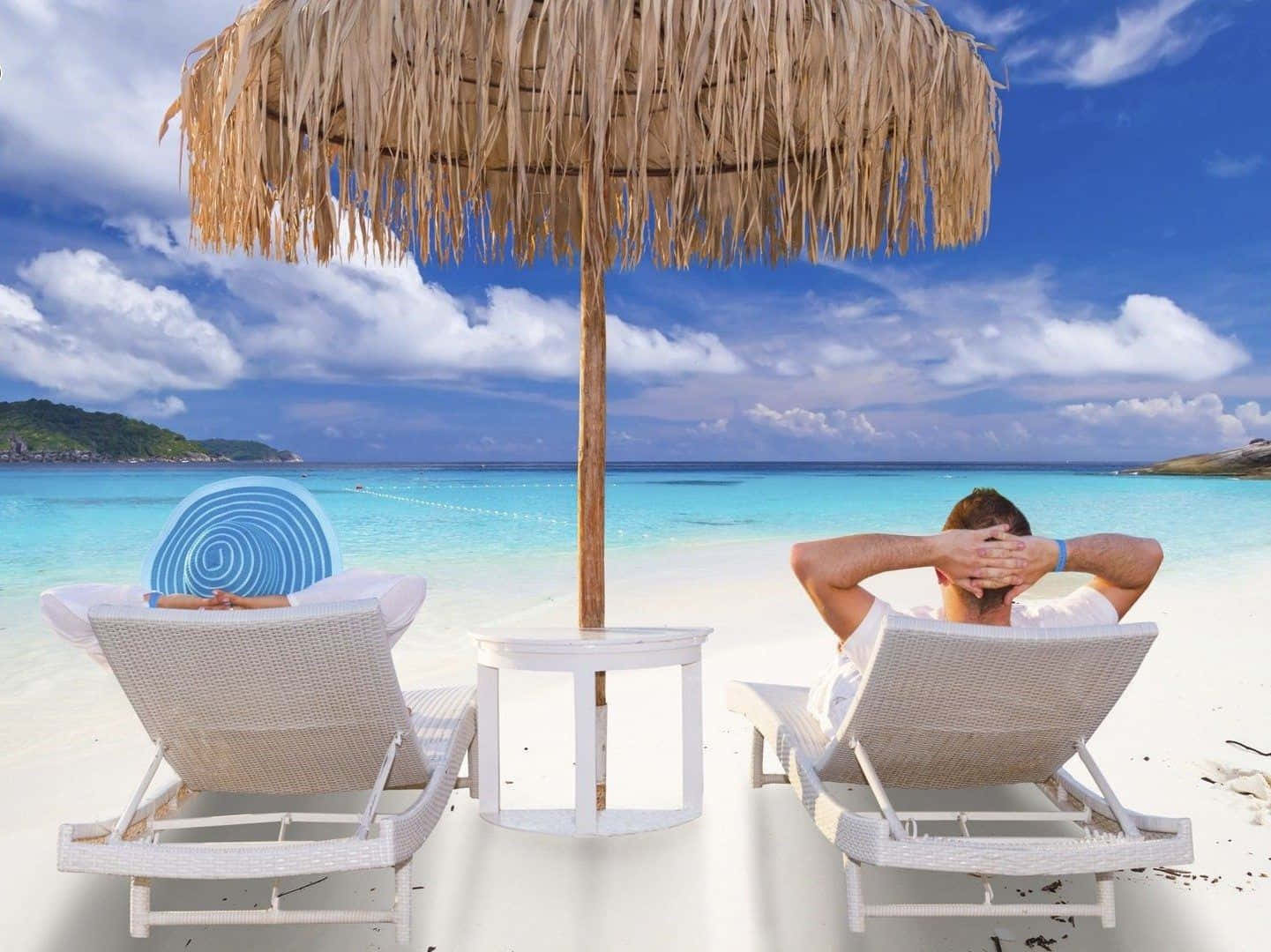 beach getaway, white lounge chairs, thatched umbrella, HD Desktop Wallpaper