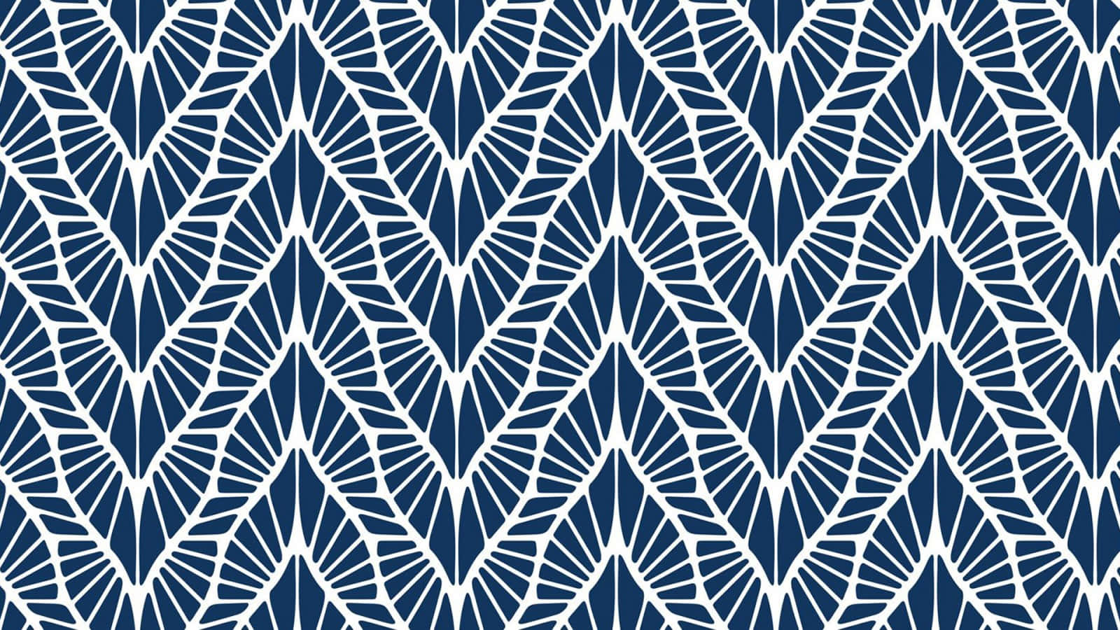 blue white chevron pattern, white stylized leaf shapes, deep navy blue background, HD Desktop Wallpaper