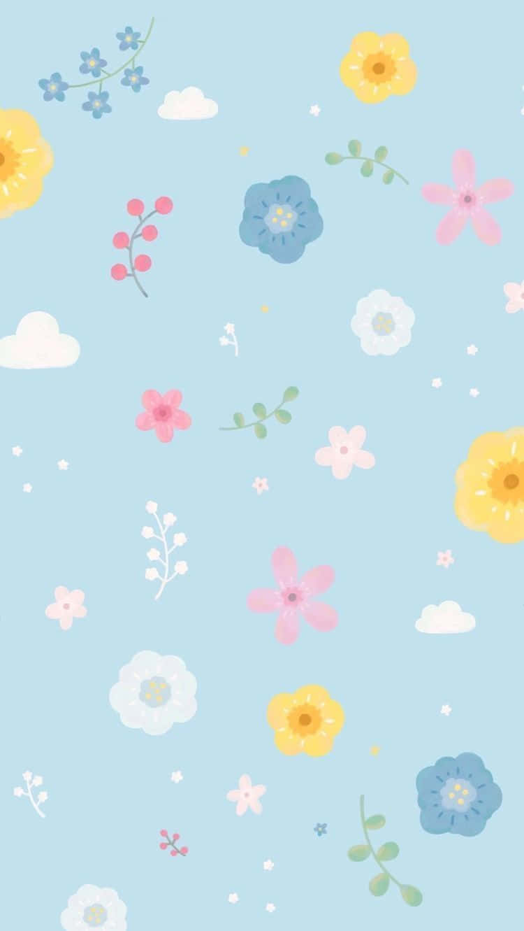 pastel blue, yellow pink and white flowers, fluffy clouds, HD Phone Wallpaper