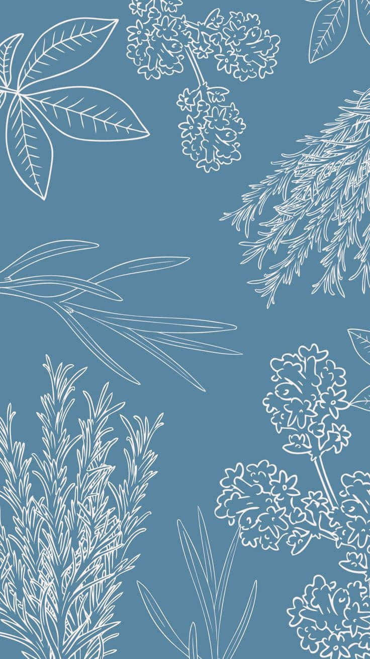 blue floral pattern, white line drawings, herbs and leaves, HD Phone Wallpaper
