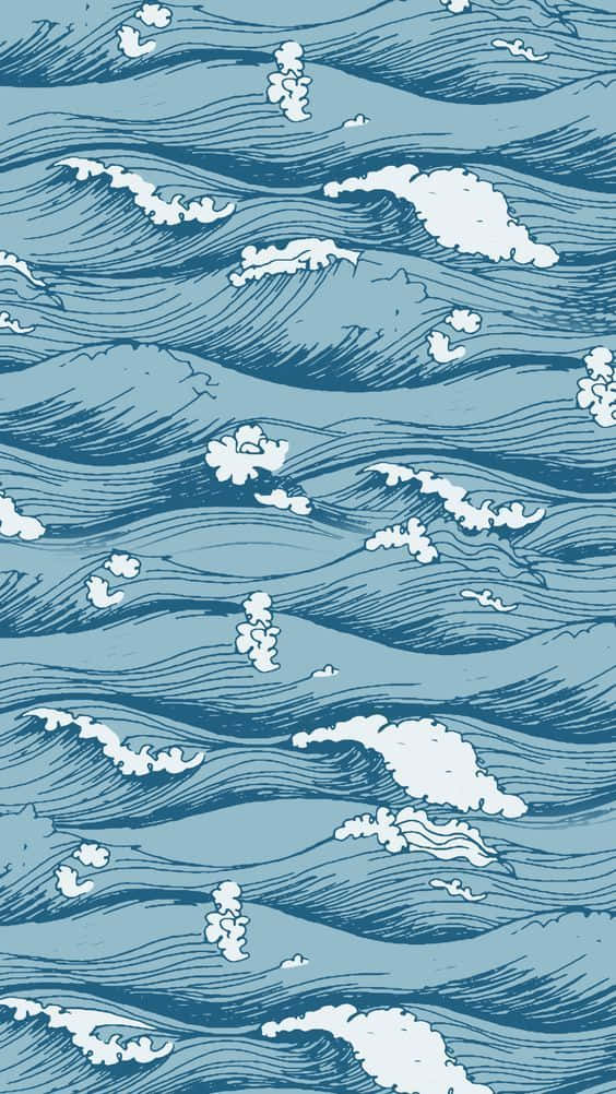 ocean waves pattern, blue and white, hand-drawn linework, SD Phone Wallpaper