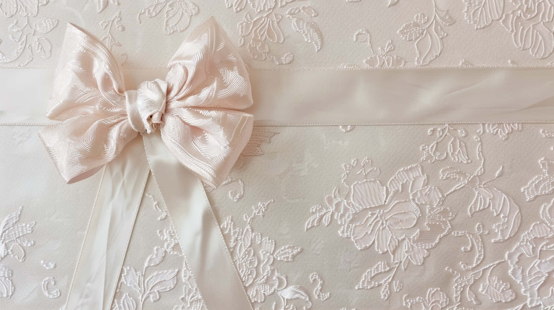 pale pink satin bow, off-white fabric, delicate floral embroidery, Full HD Desktop Wallpaper