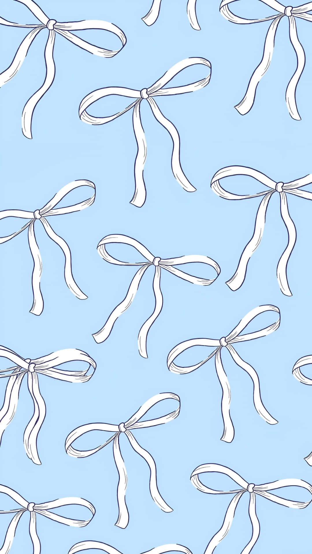 white hand-drawn ribbon bows, soft pastel blue background, repeating pattern, Full HD Phone Wallpaper