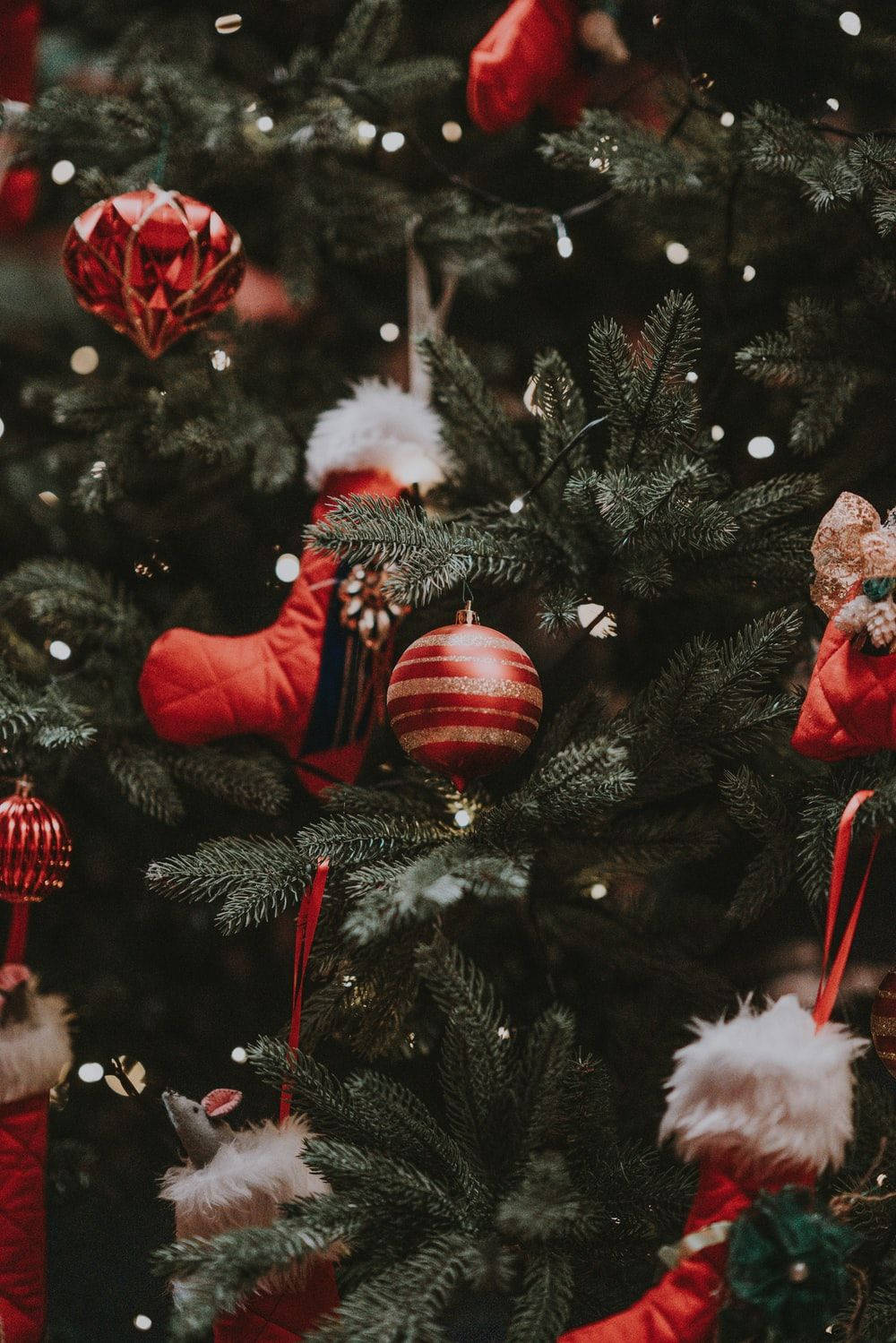 Red Preppy Christmas iPhone Theme, lush green Christmas tree, red ornaments, HD Phone Wallpaper