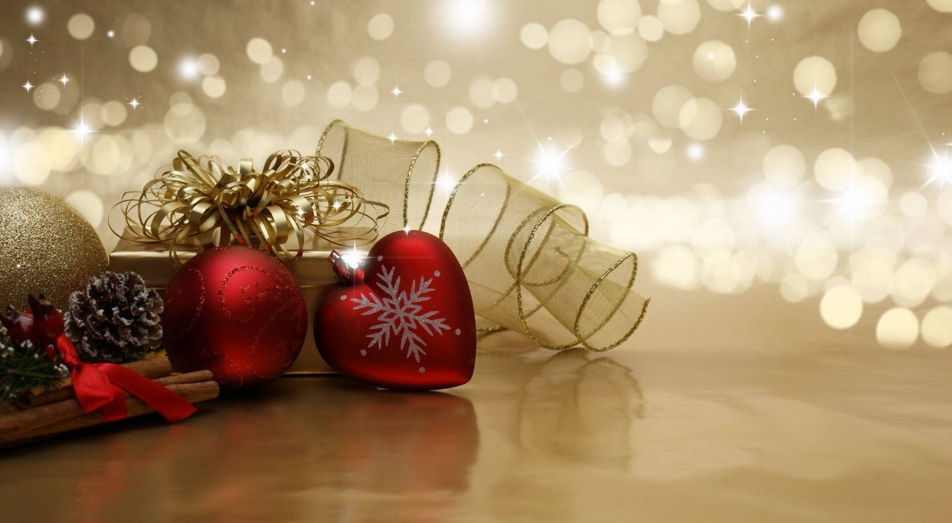 Preppy Christmas, red ornaments, pinecone, HD Desktop Wallpaper
