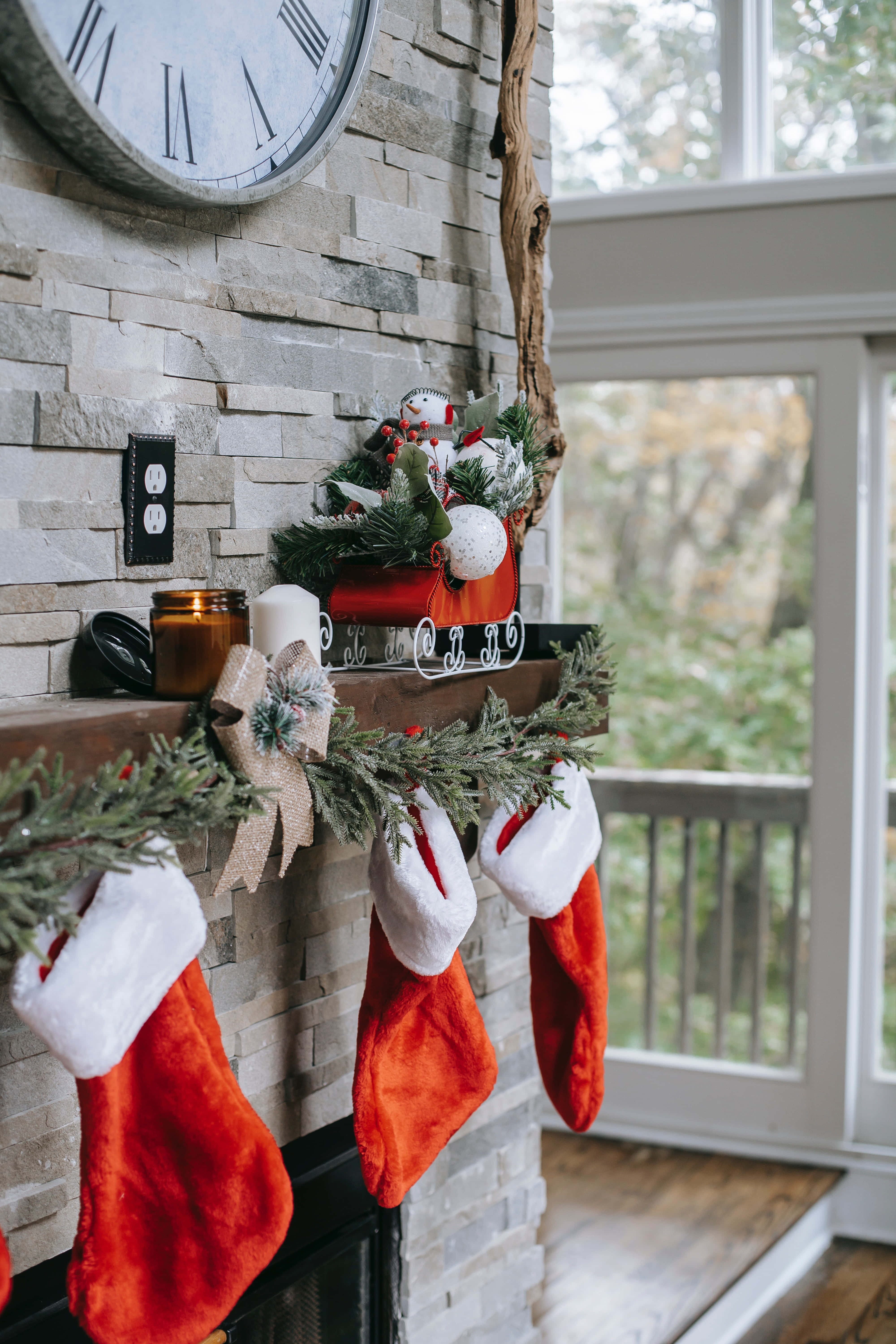 red velvet stockings, stone fireplace mantel, evergreen garland, 5K Phone Wallpaper