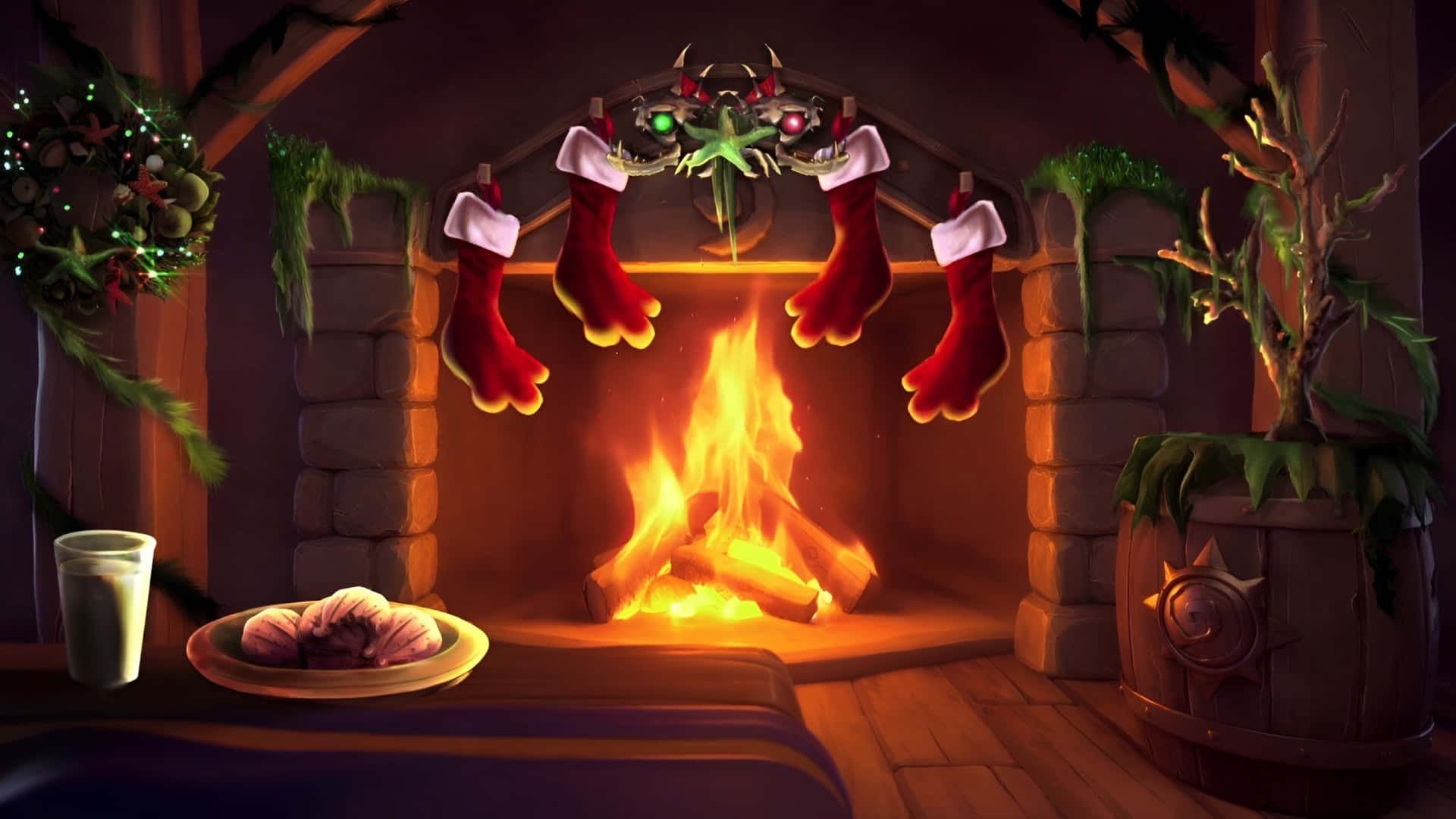 Cozy Yule Log Fireplace, red stockings, festive greenery, Full HD Desktop Wallpaper