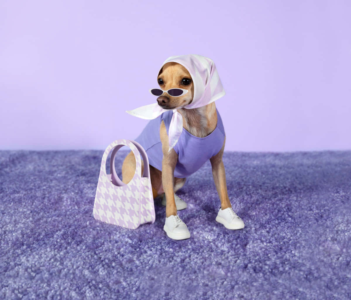 chihuahua, purple outfit, white sneakers, SD Desktop Wallpaper