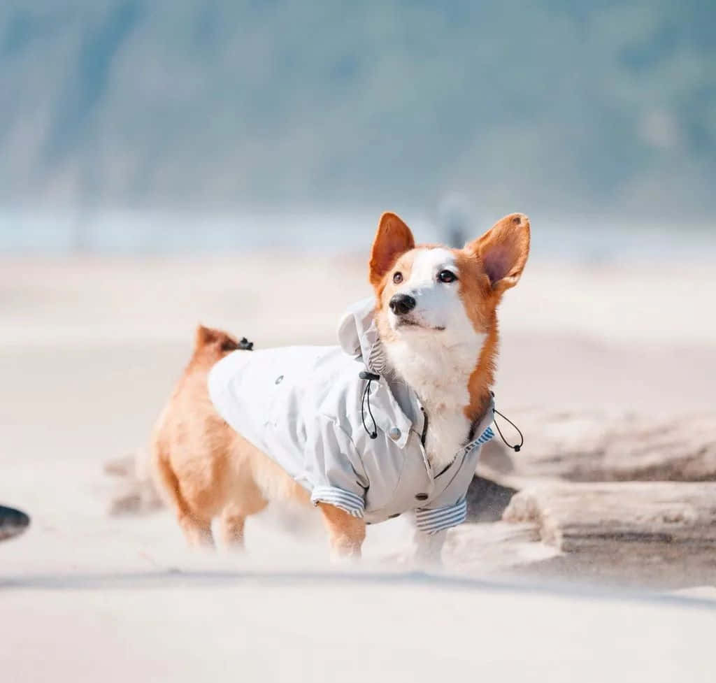 tan and white corgi, light gray hooded raincoat, sunlit sandy beach, SD Desktop Wallpaper