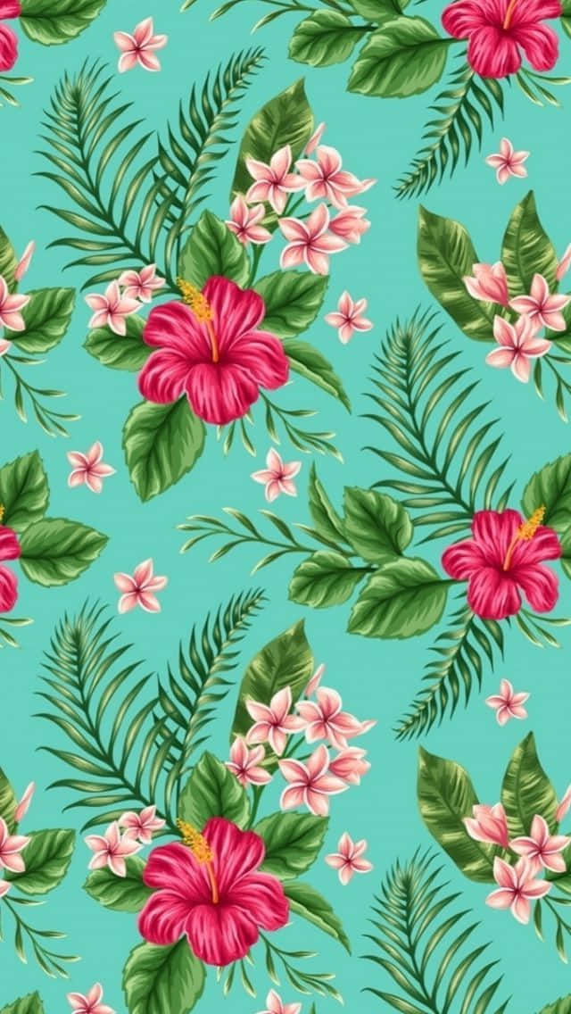 tropical floral pattern, teal background, pink hibiscus, SD Phone Wallpaper