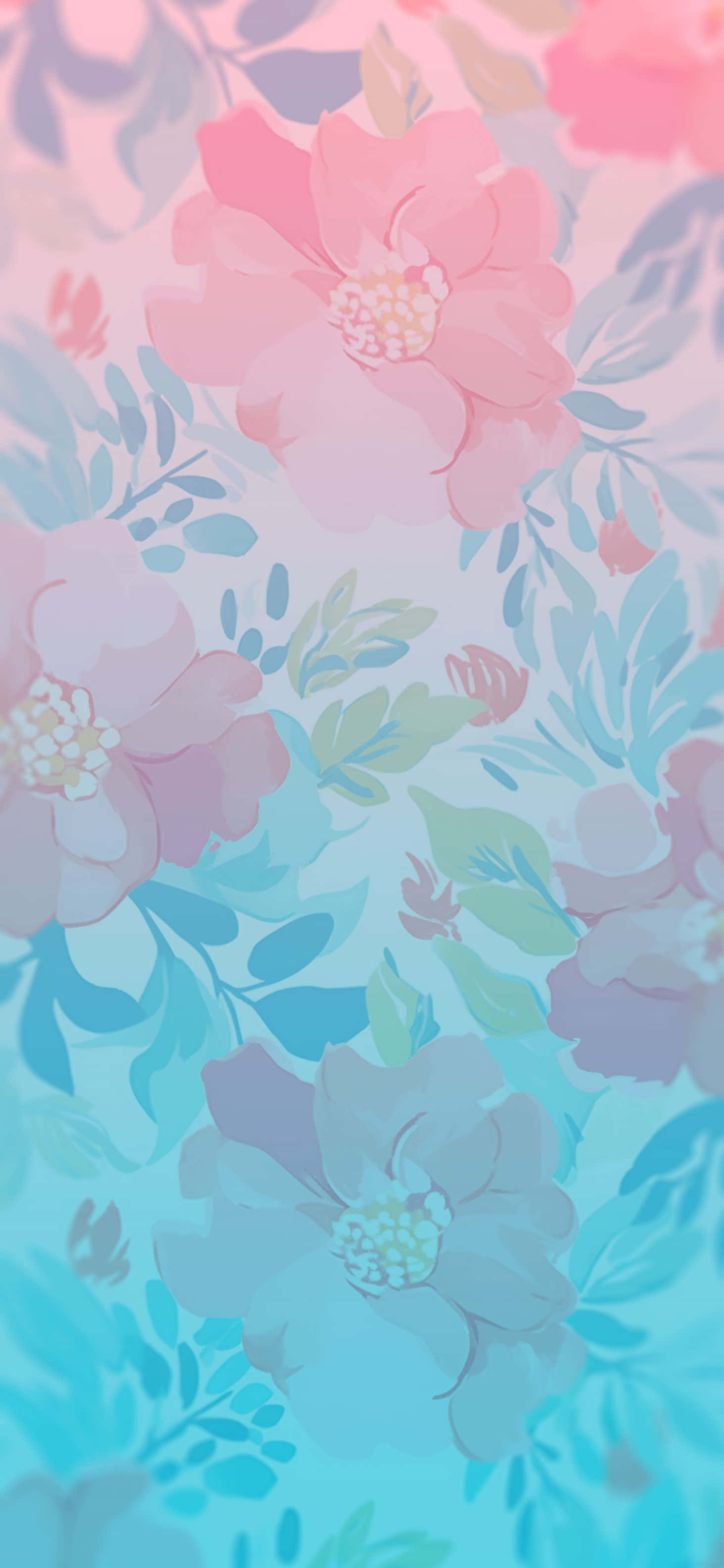 pastel floral pattern, pink and blue blossoms, leaves, 2K Phone Wallpaper