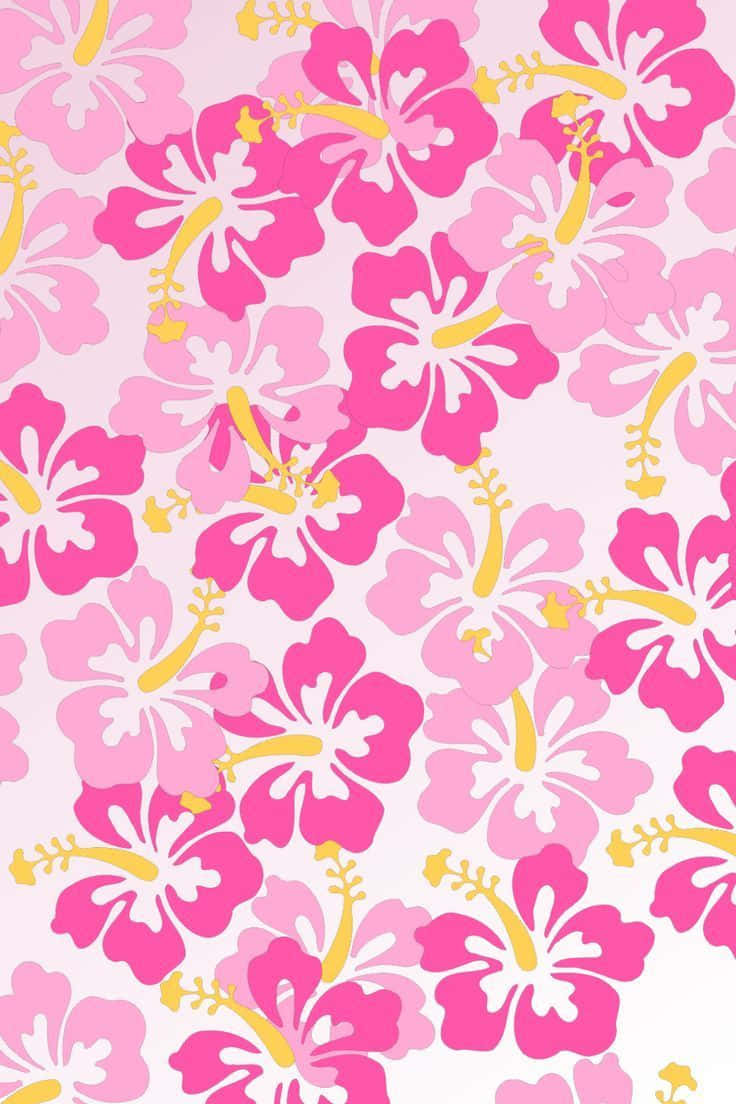 Preppy Pink Hibiscus Pattern, vibrant pink, yellow hibiscus flowers, SD Phone Wallpaper