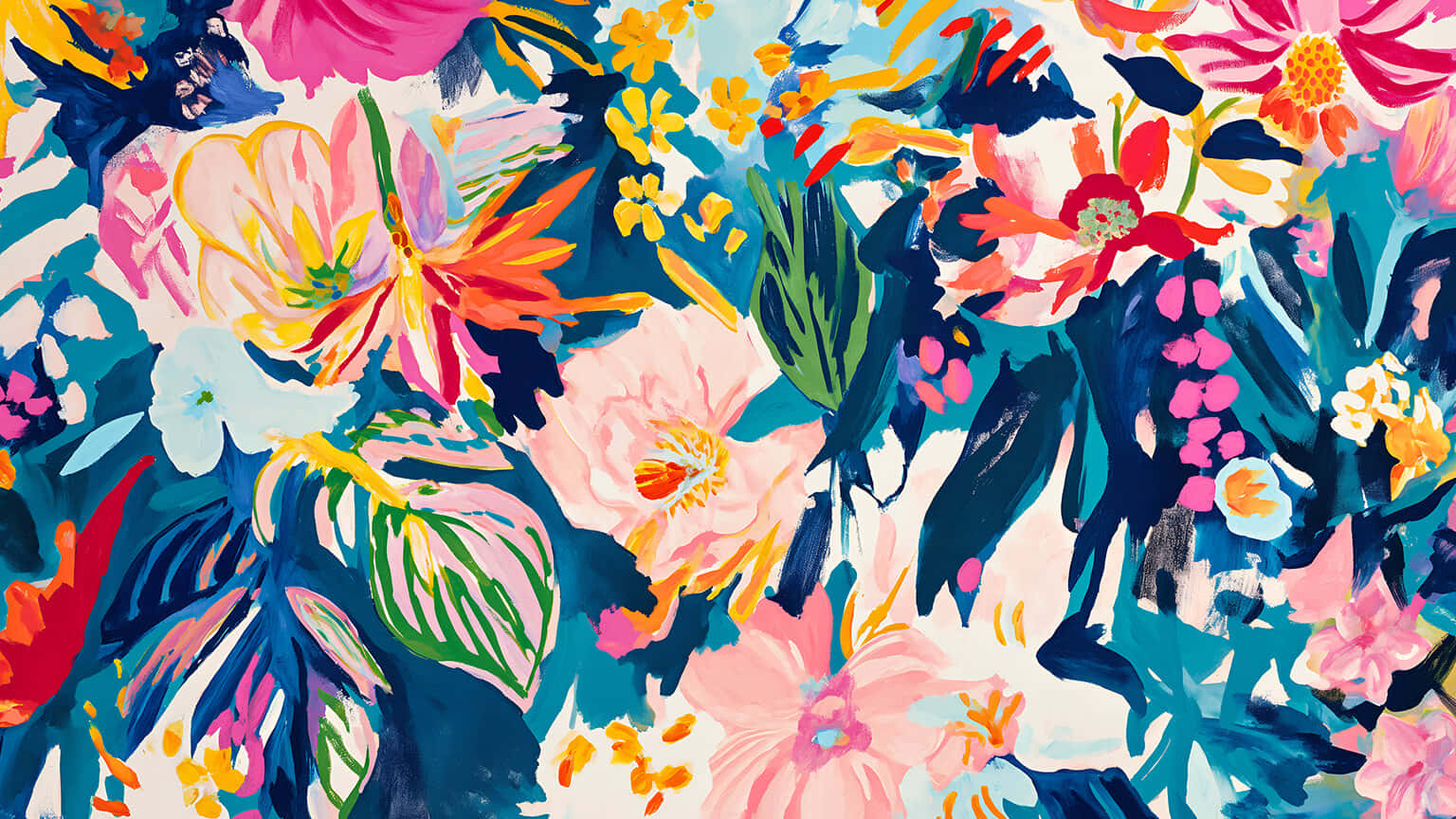 vibrant floral explosion, bold pink orange and teal blooms, creamy background, HD Desktop Wallpaper