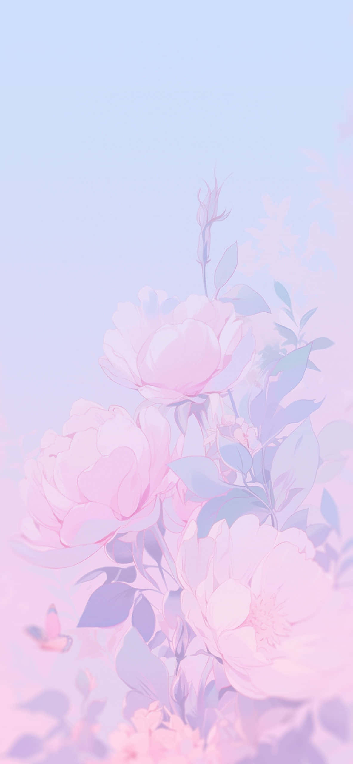 pastel pink peonies, lavender sky, fluttering butterfly, 2K Phone Wallpaper