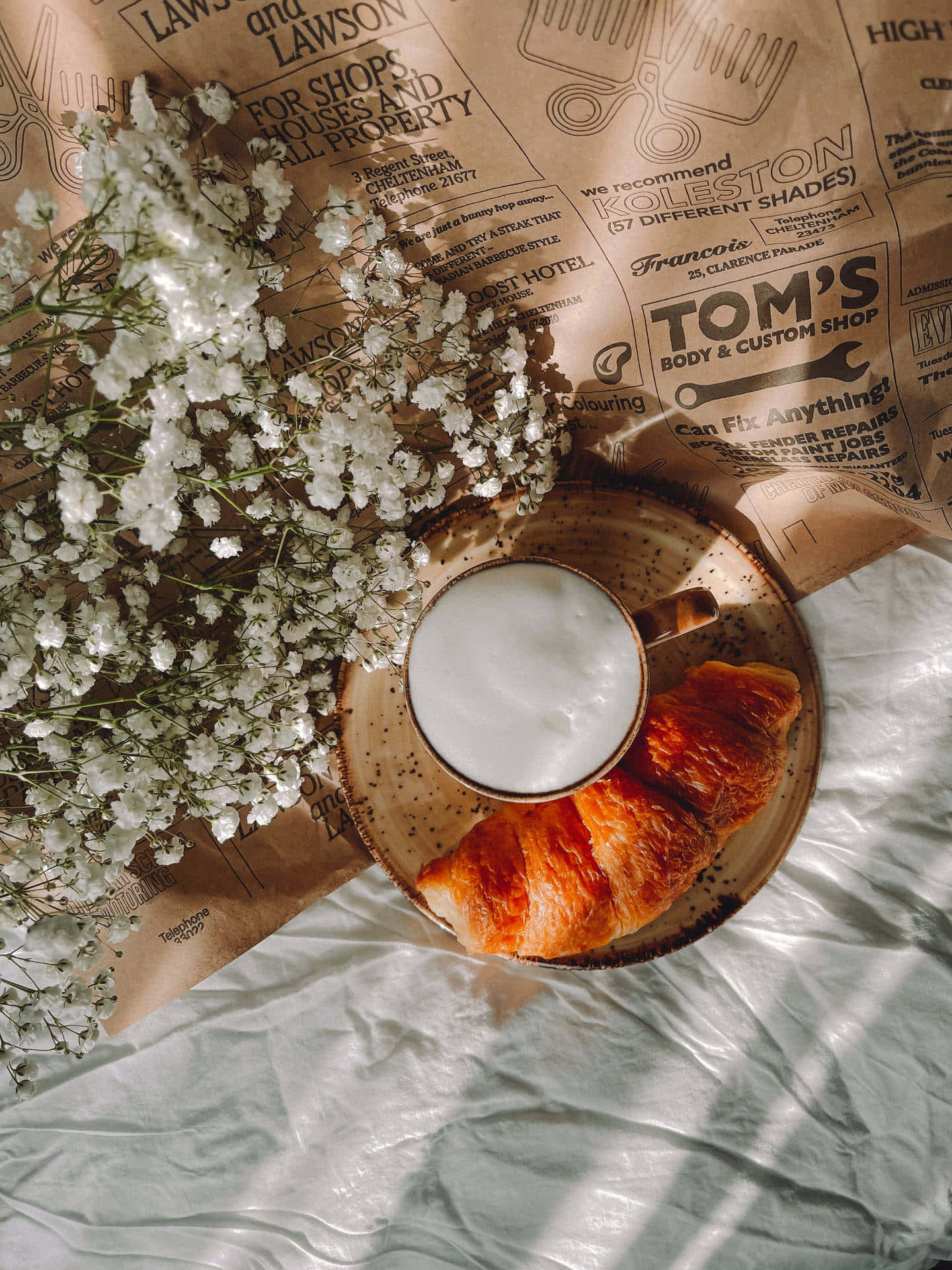 baby's breath flowers, golden croissant, steaming coffee cup, Full HD Phone Wallpaper