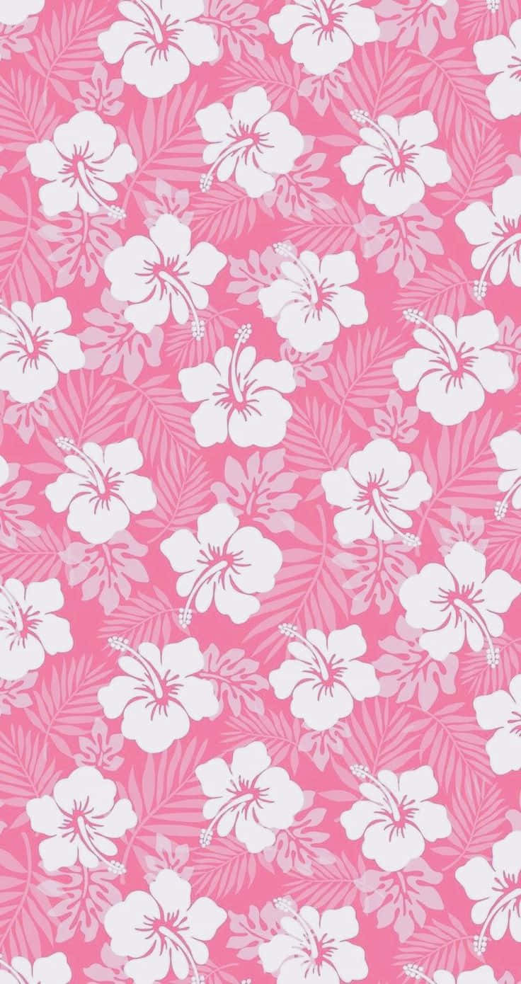 pink hibiscus floral pattern, white hibiscus flowers, tropical leaves, HD Phone Wallpaper
